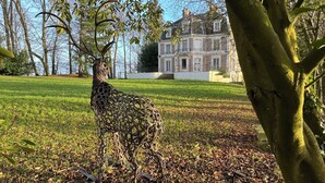 A giraffe sculpture in a park with a large building in the background. - Château d'Avesnes Le Castelet (Avesnes-en-Bray)
