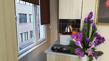 Fridge, microwave, stovetop, cookware/dishes/utensils