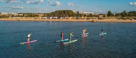 A group of people paddleboarding on a calm body of water with a beach and buildings in the background.