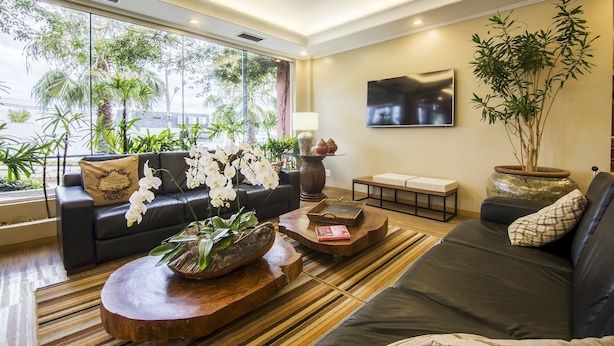 Una sala de estar moderna con un sofá, una mesa de centro y plantas en macetas.