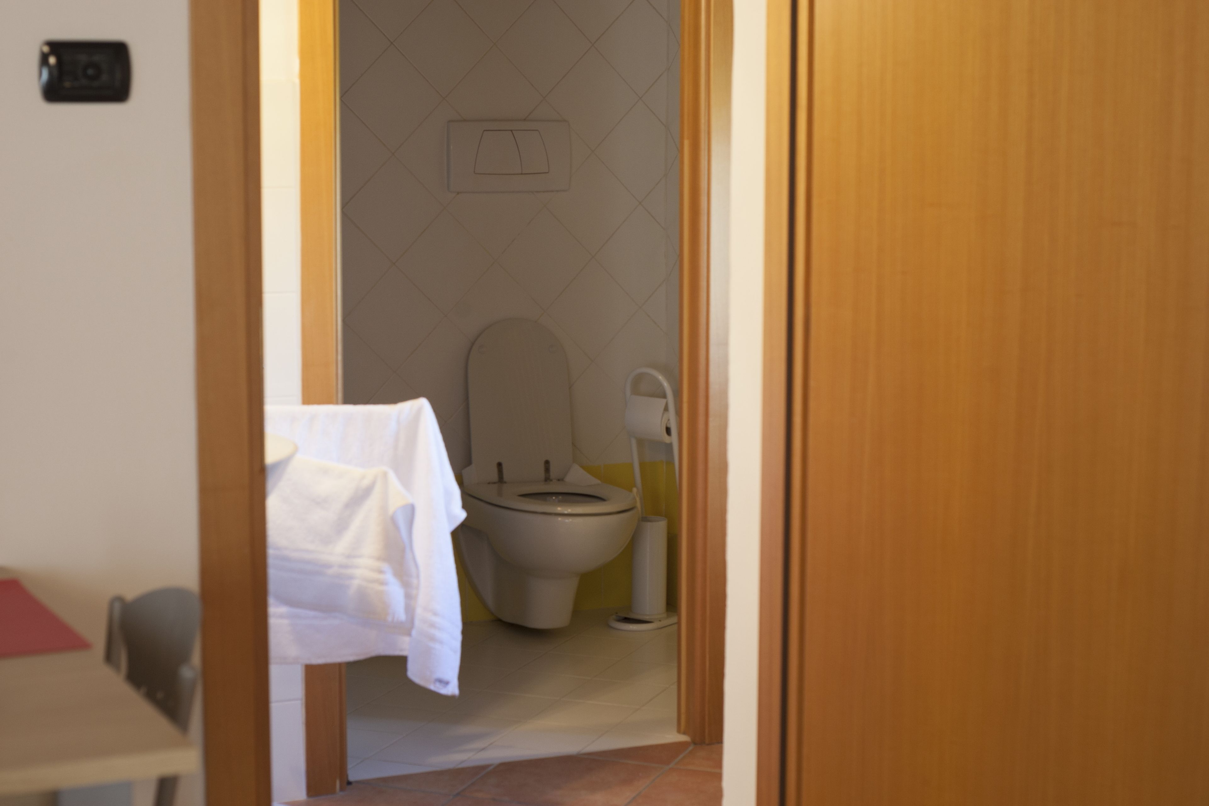 A bathroom with a toilet, a towel hanging on the wall, and a visible light switch.