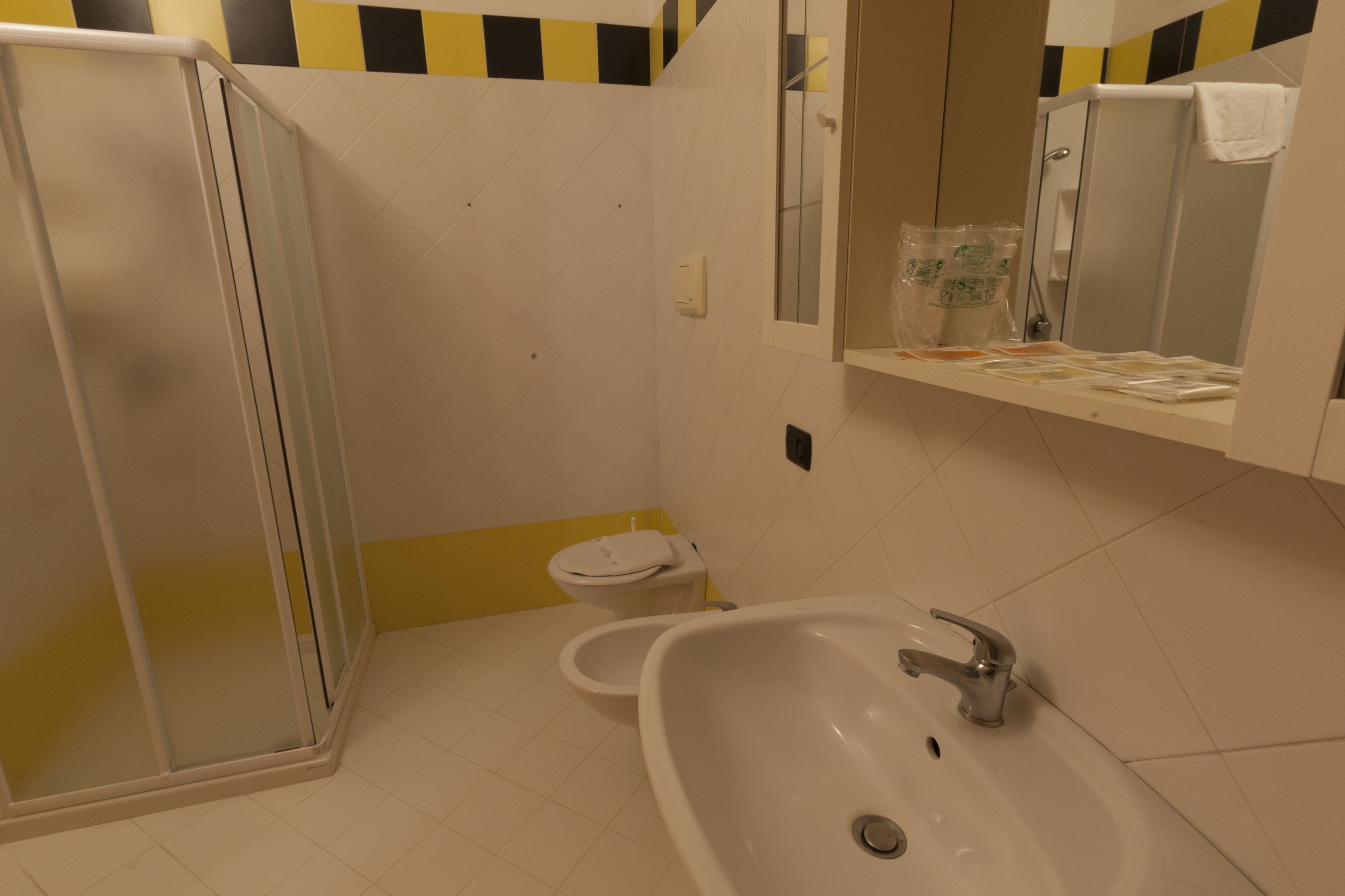 Een badkamer met een douche, toilet en wastafel.
