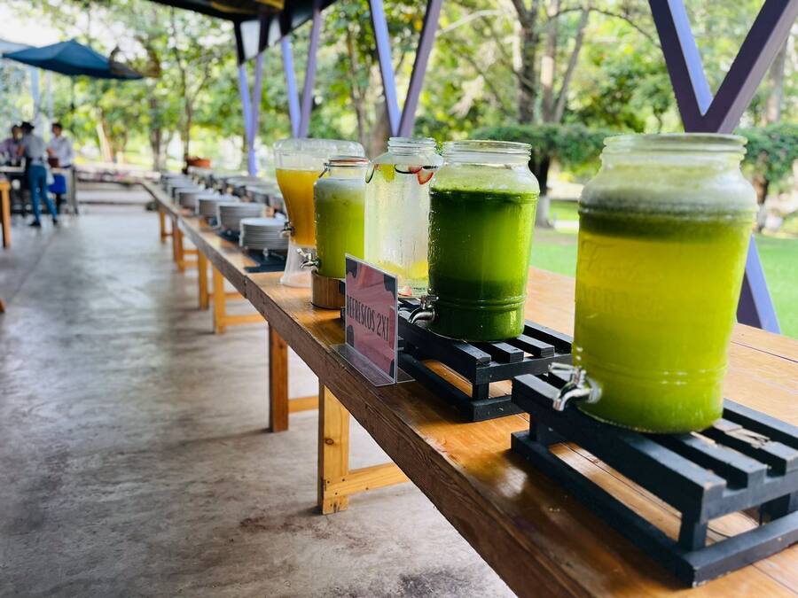 A long wooden table with various drinks in jars and glasses, set outdoors under a covered area with trees in the background.