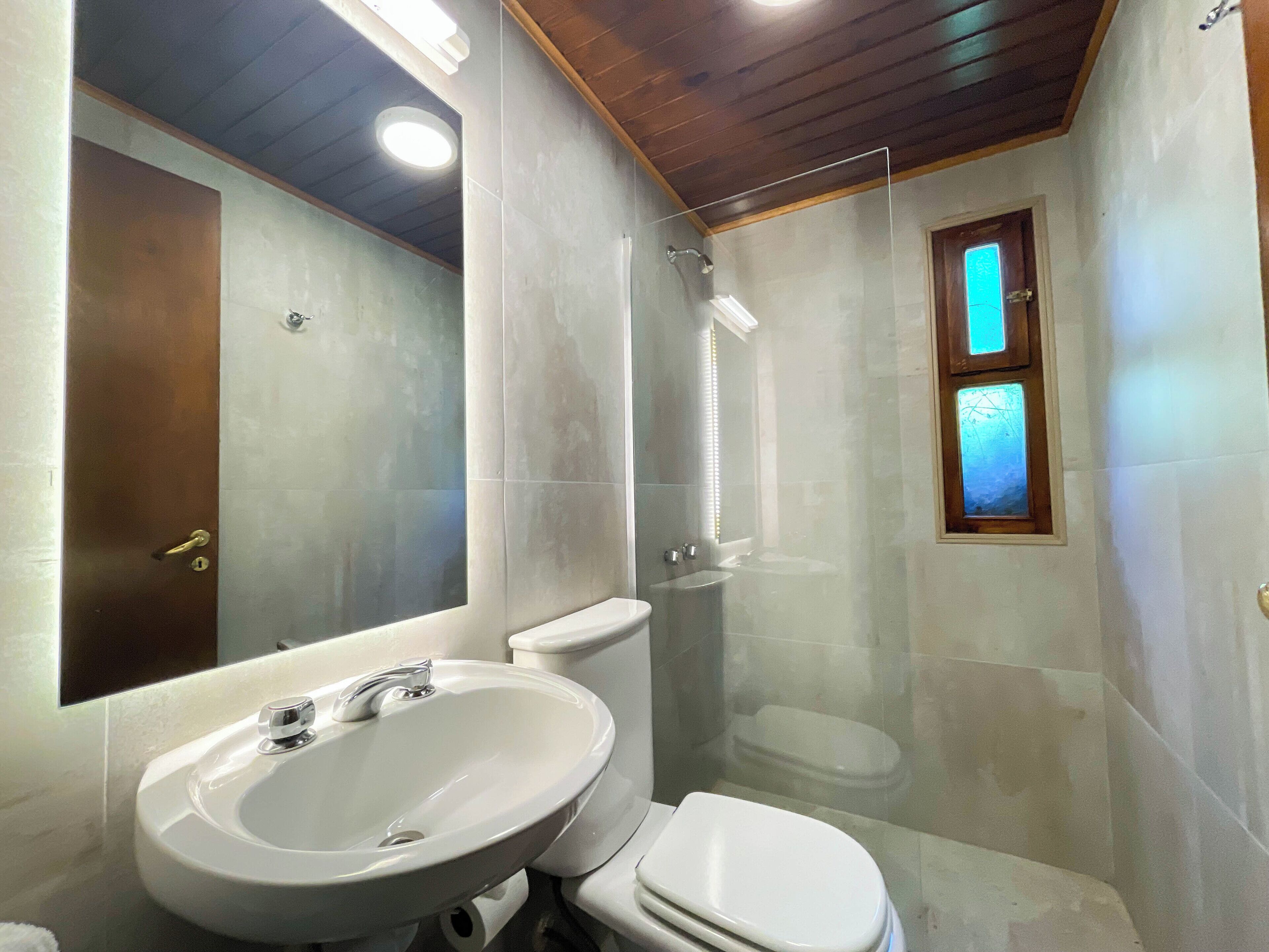 A bathroom with a sink, toilet, and shower.