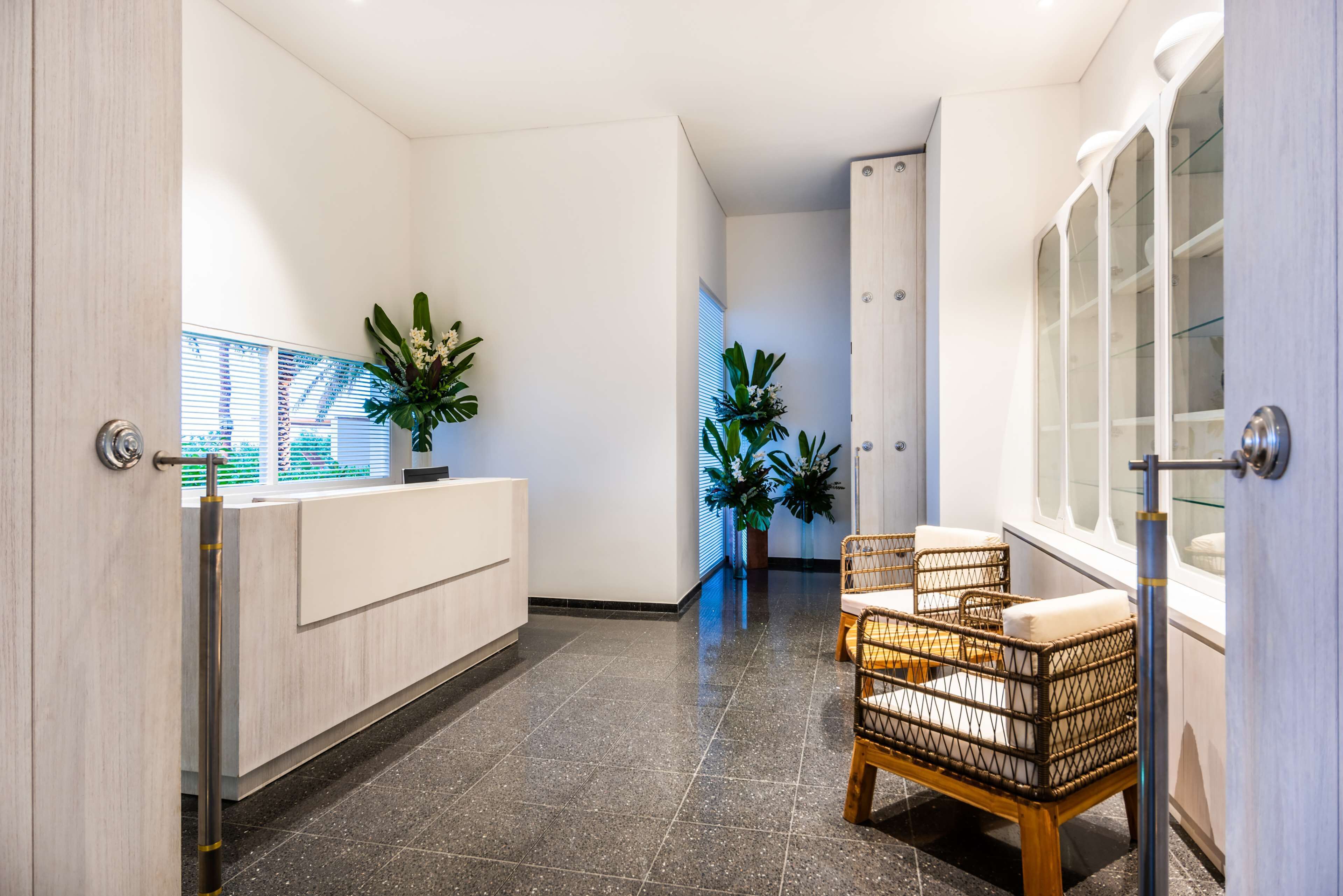 A modern reception area with a reception desk, two wicker chairs, potted plants, and a glass cabinet.