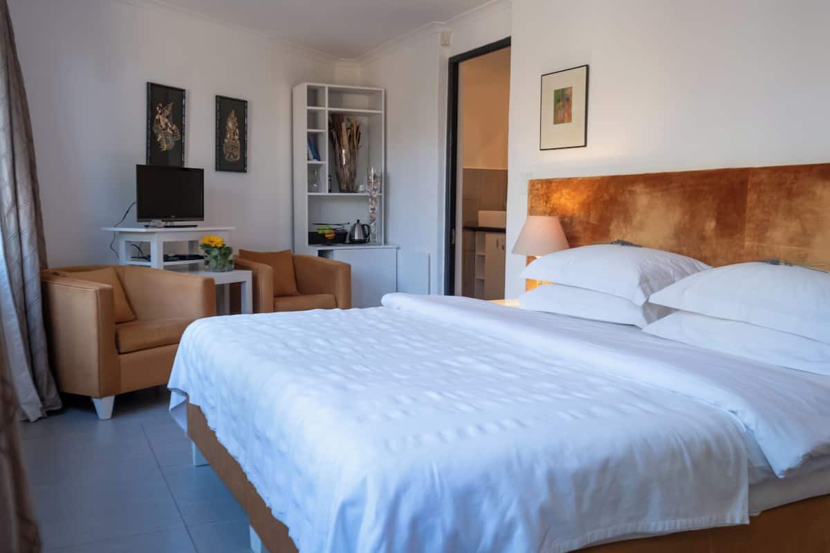 Habitación de hotel con una cama grande, un televisor sobre un mueble, una mesita con un florero y una estantería.