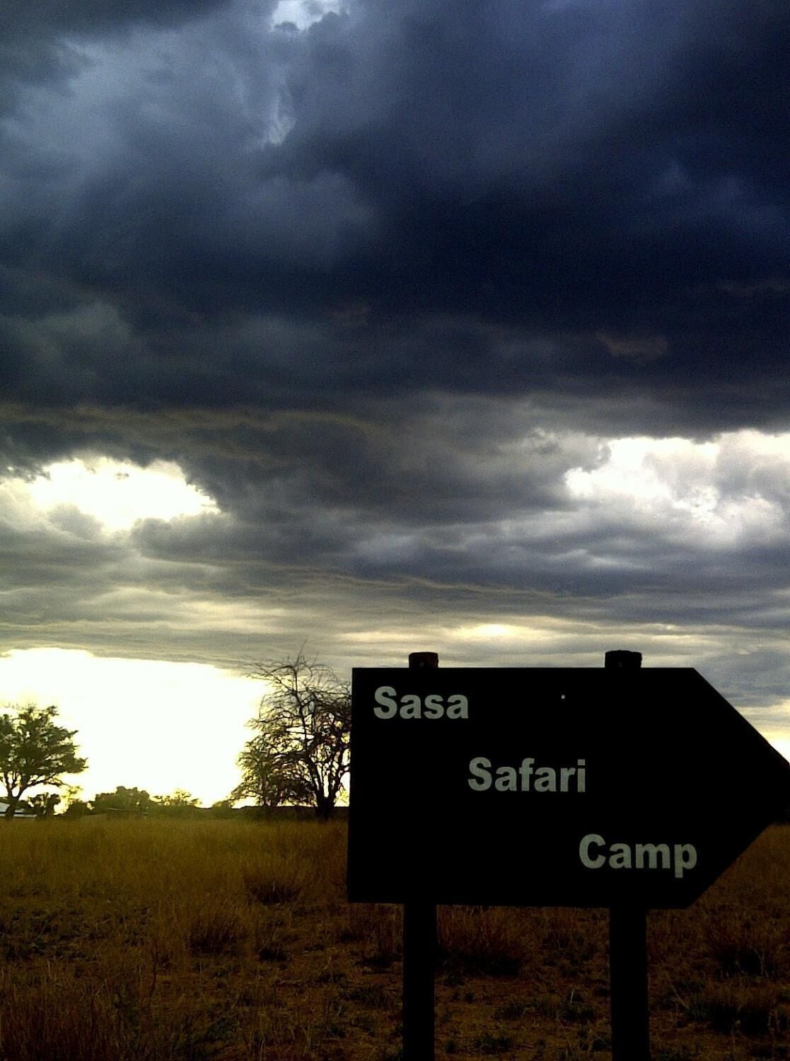 Un letrero direccional con la inscripción 'Sasa Safari Camp'.