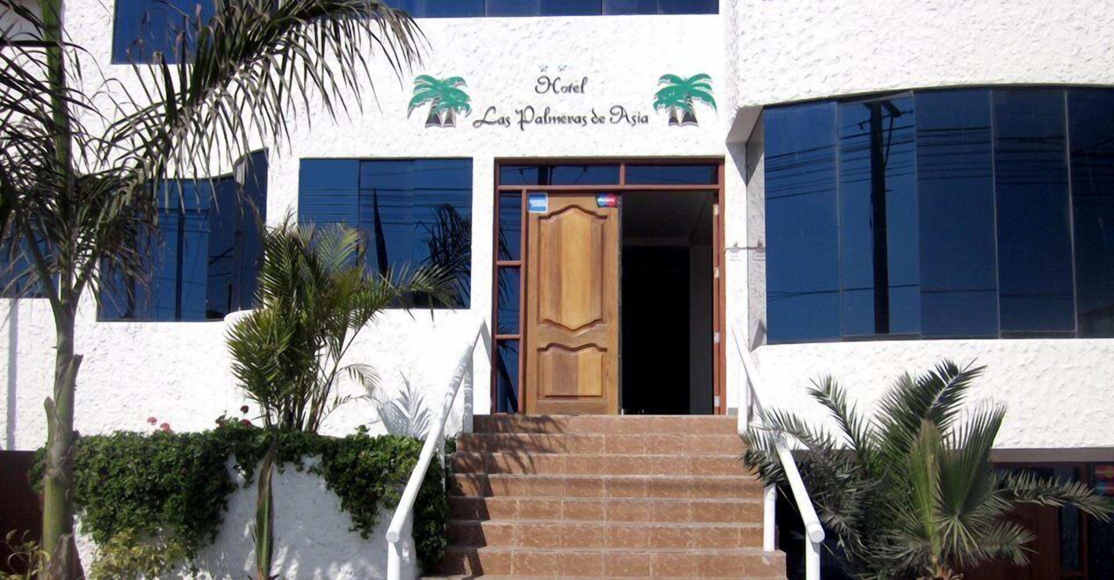 Entrada de hotel con puerta de madera, escalones y palmeras.