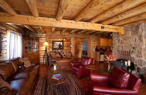 Premier Chalet, 4 Bedrooms, Mountainside | Living room | 32-inch LCD TV with satellite channels, TV, DVD player - Alpine Village Suites (Taos Ski Valley)