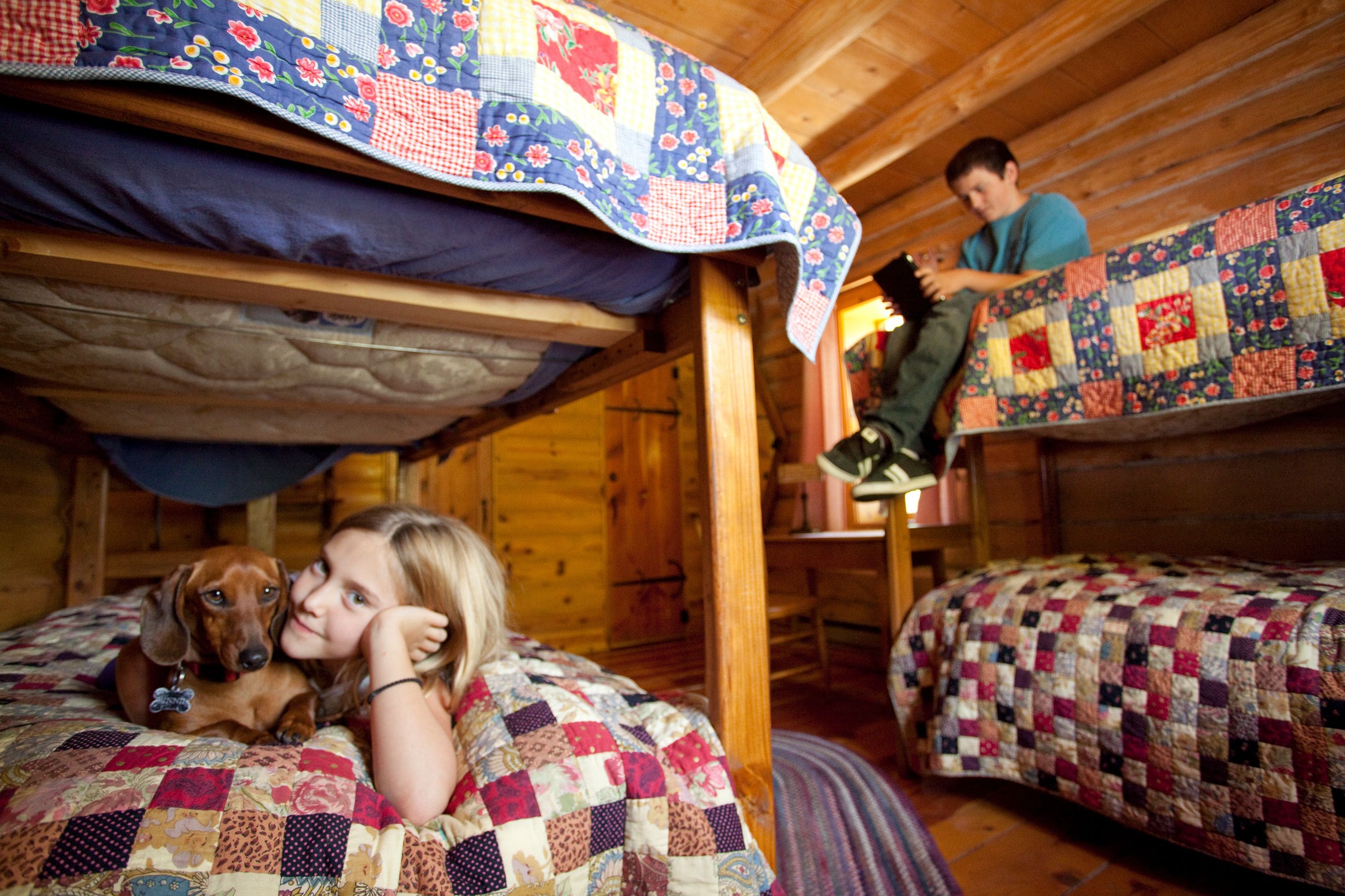 A cabin with wooden walls and bunk beds.