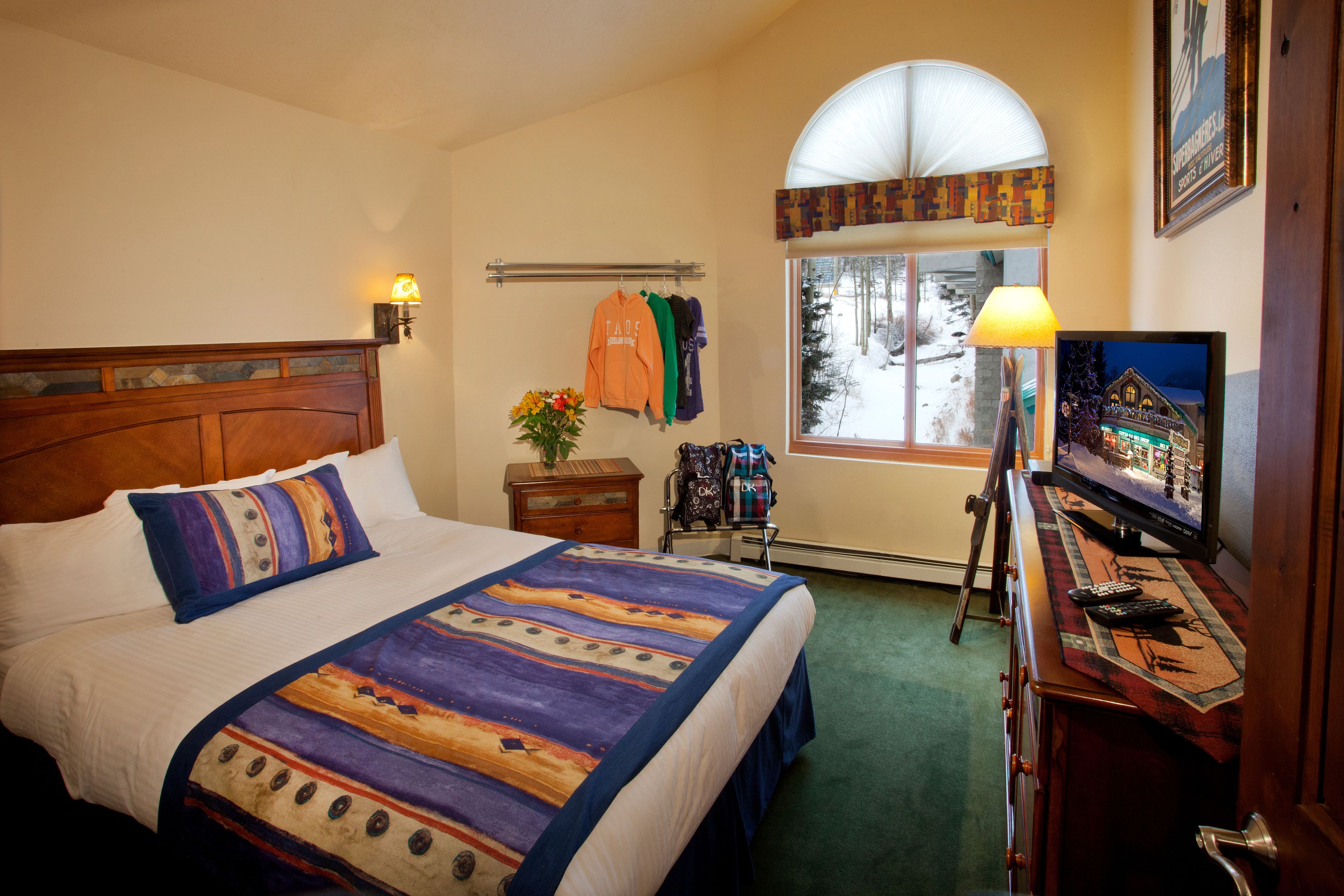 A hotel room with a large bed, a television, a window with a view of trees, and a lamp.