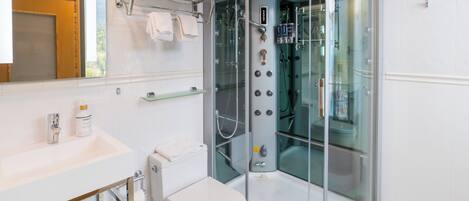 A modern bathroom with a glass-enclosed shower, a white sink, and a toilet.
