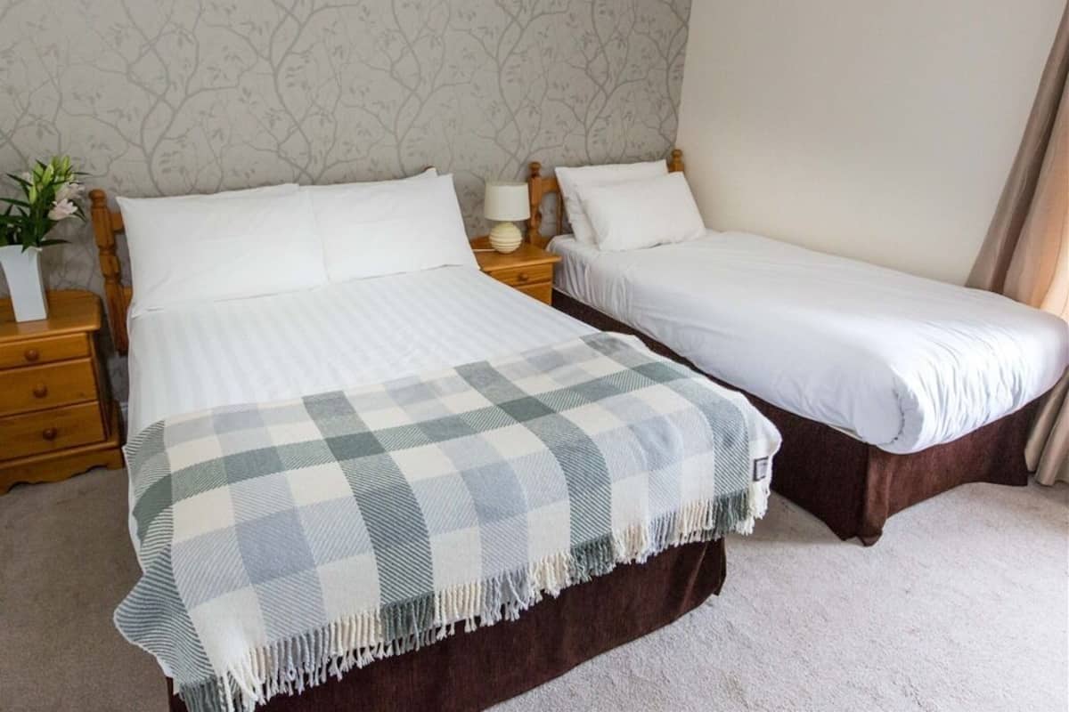 A bedroom with two single beds, a nightstand with a lamp, a dresser, and a floral wallpaper.