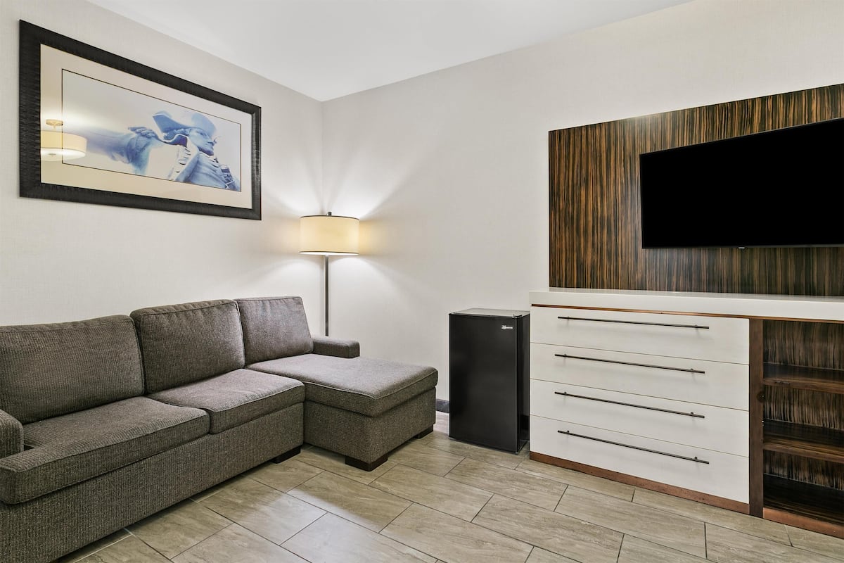 A modern living room with a sectional sofa, a flat-screen TV mounted on a wooden panel, a small black refrigerator, and a floor lamp.