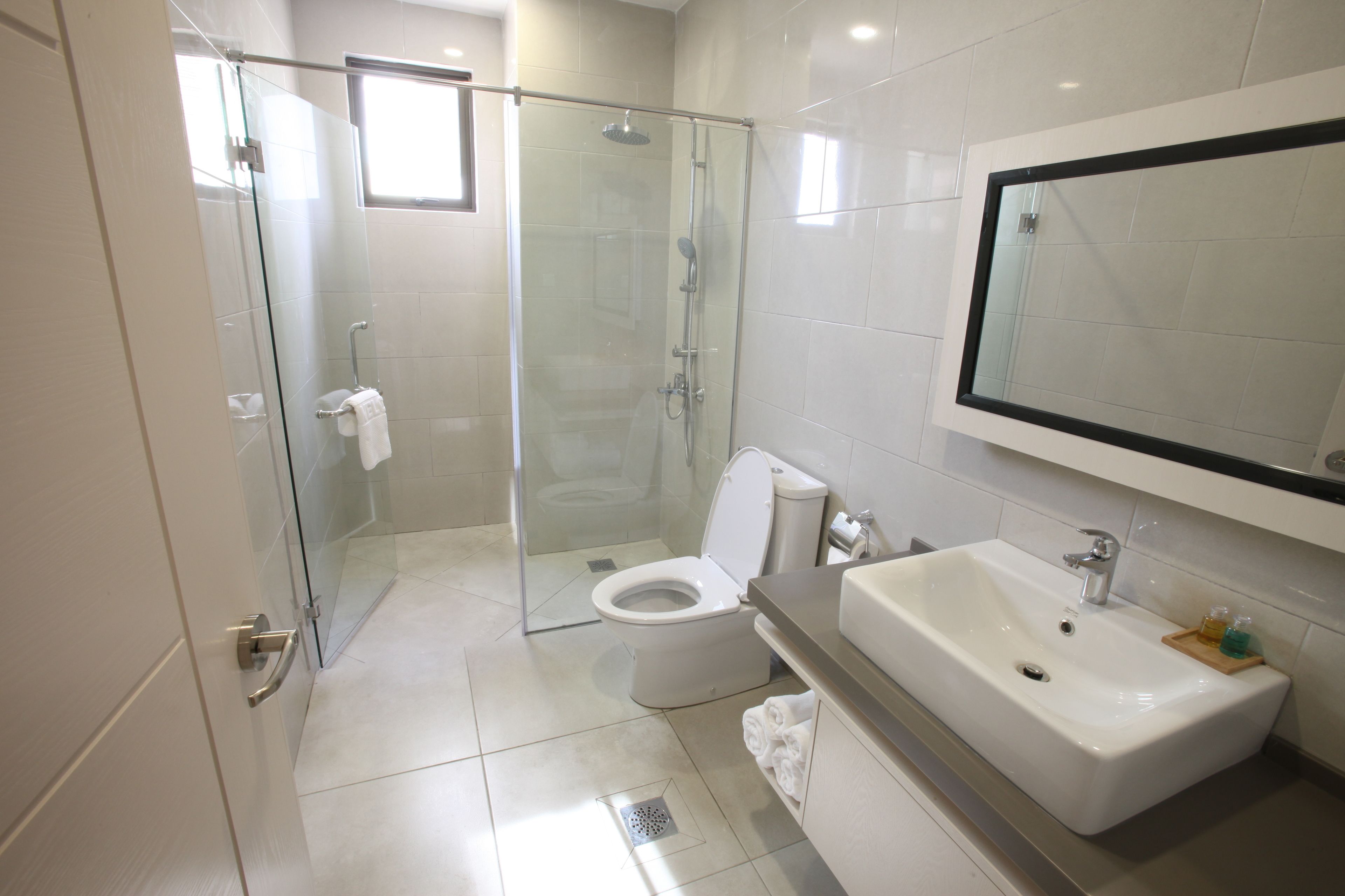 shower, free toiletries, hair dryer, towels