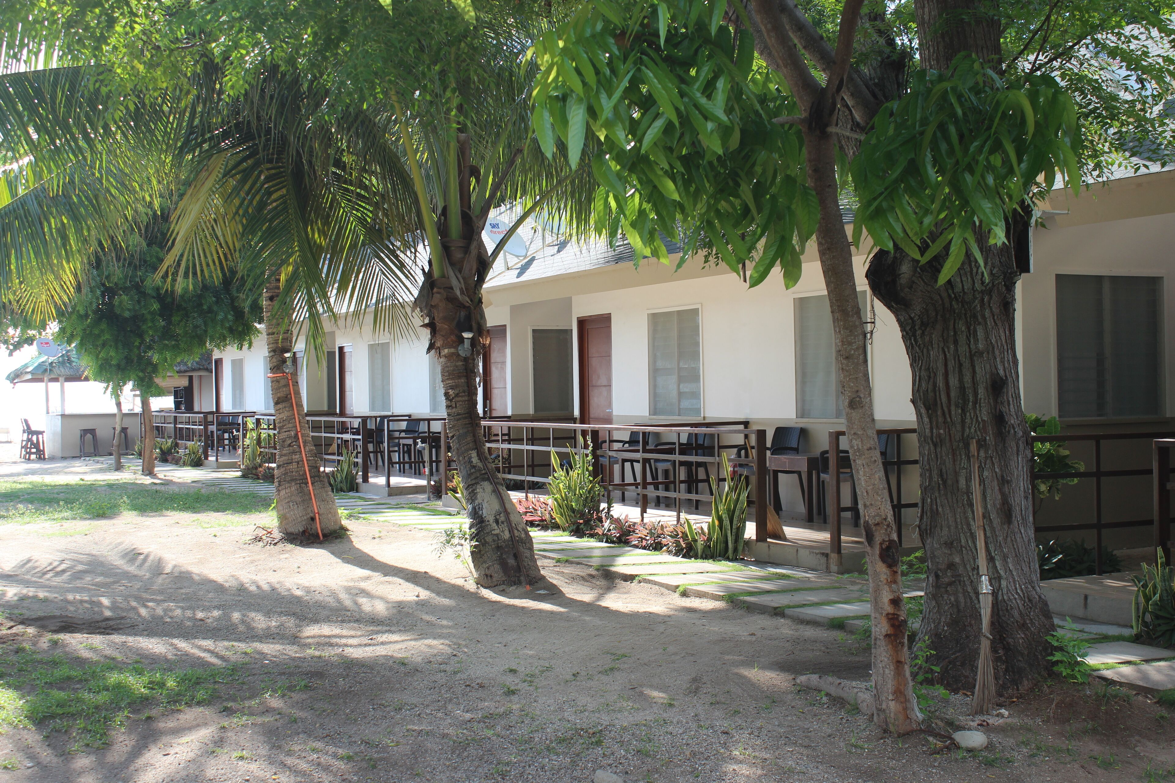 A courtyard with palm trees, a building with multiple rooms, and a paved walkway.