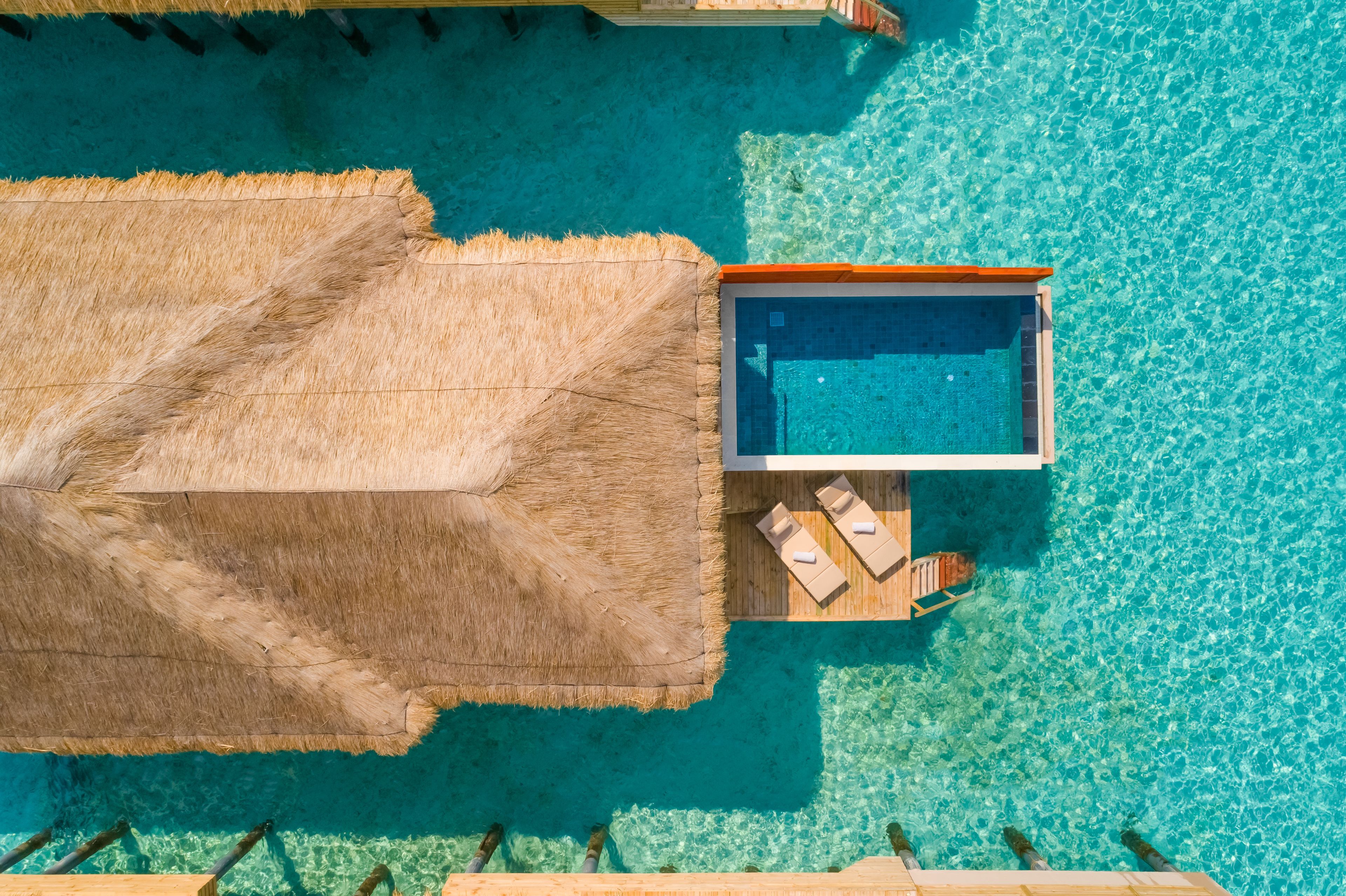 An aerial view of a resort with a clear blue pool, a thatched umbrella, and wooden lounge chairs.