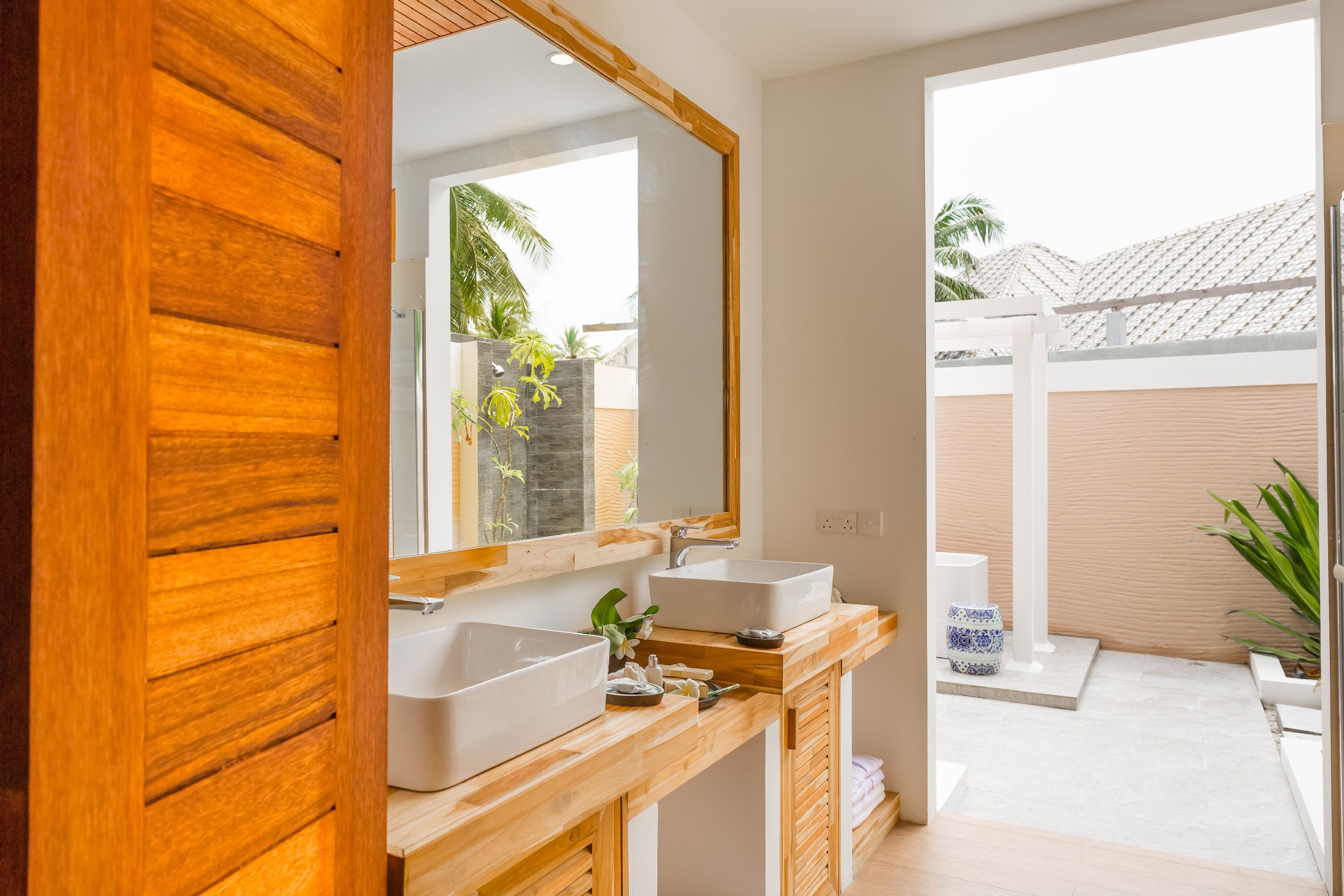 rainfall showerhead, designer toiletries, hair dryer, bathrobes