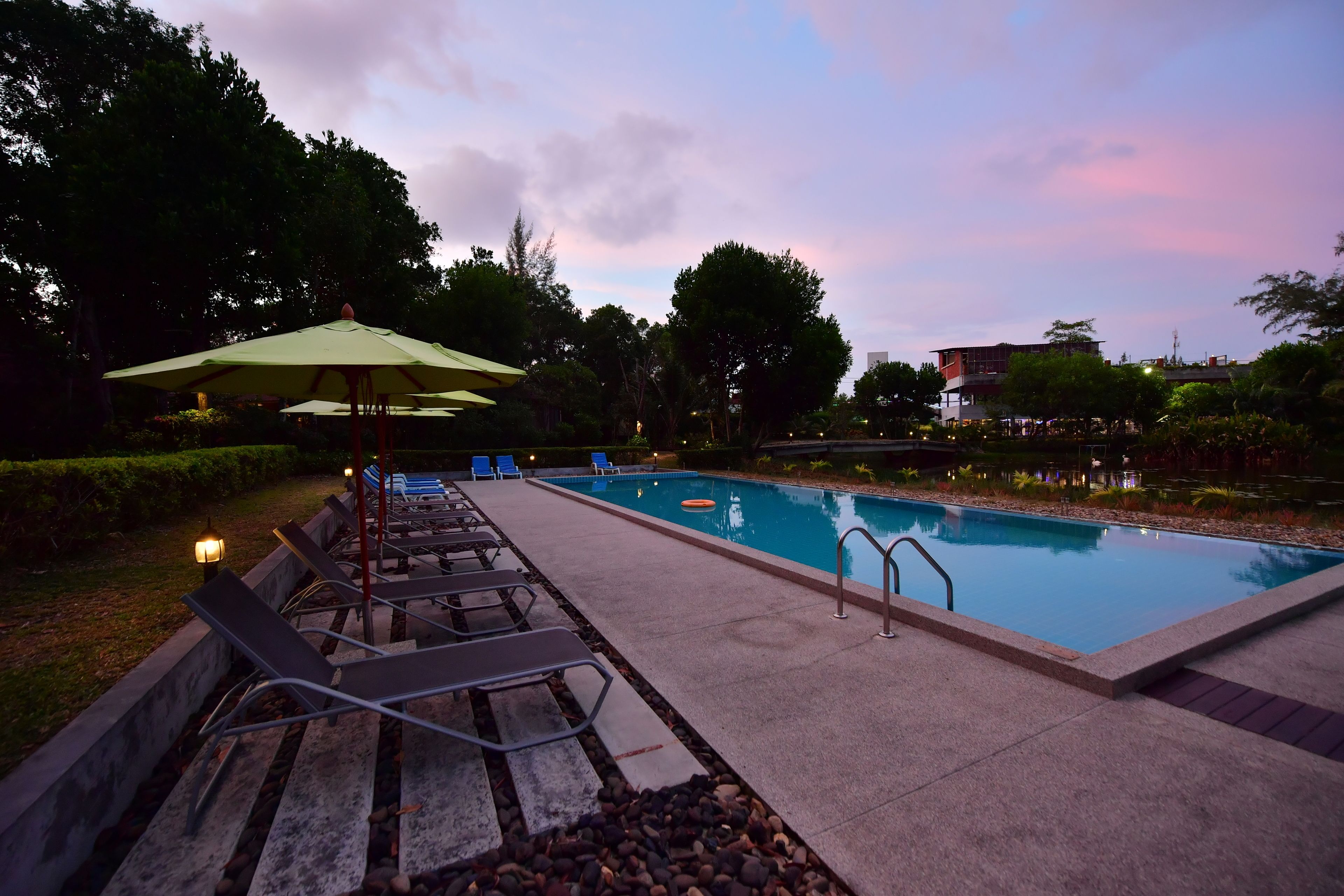 outdoor pool, pool umbrellas, pool loungers