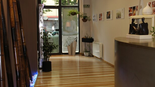 A hallway with a striped floor, a reception desk, a Buddha statue, and framed pictures on the wall. - Apartamentos Leon (León)