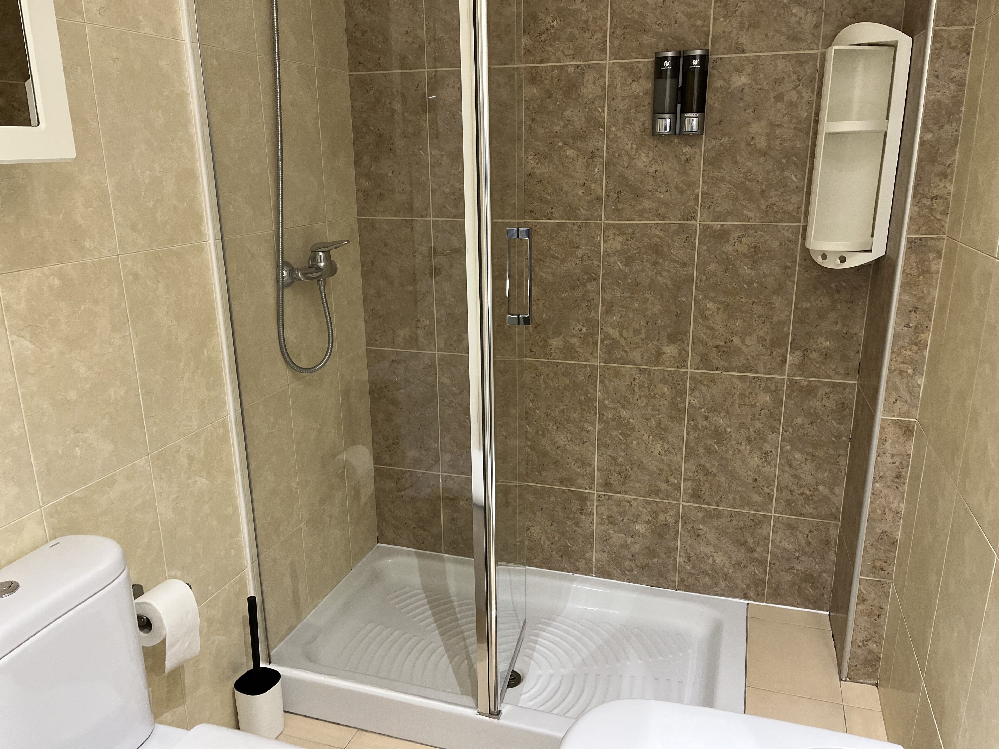Un baño con ducha de vidrio, inodoro y lavamanos.