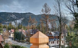 Een woonwijk met huizen, een opvallende houten constructie op de voorgrond en een bergachtig landschap op de achtergrond.