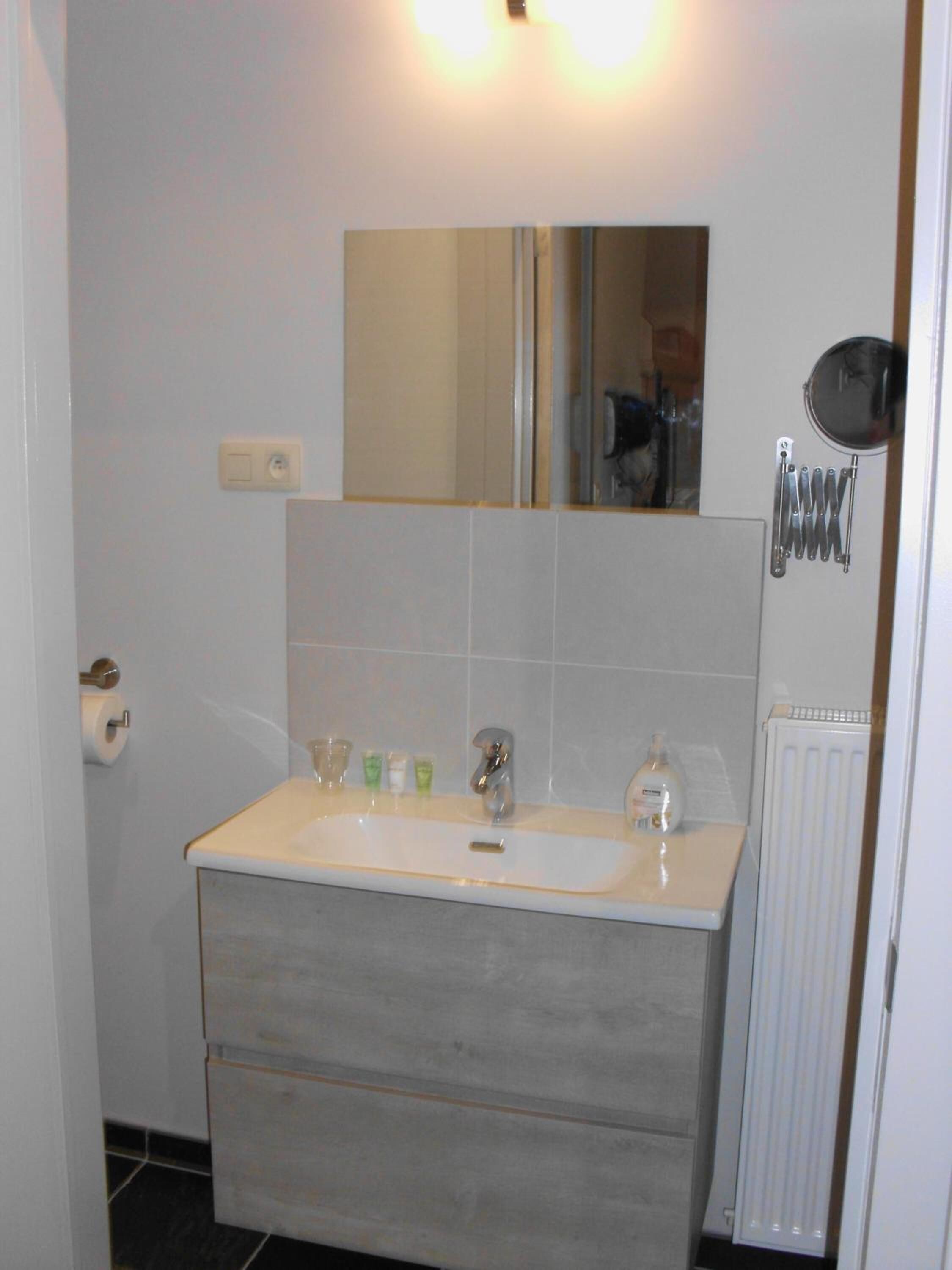 Een badkamer met een wastafel, spiegel en toiletartikelen.