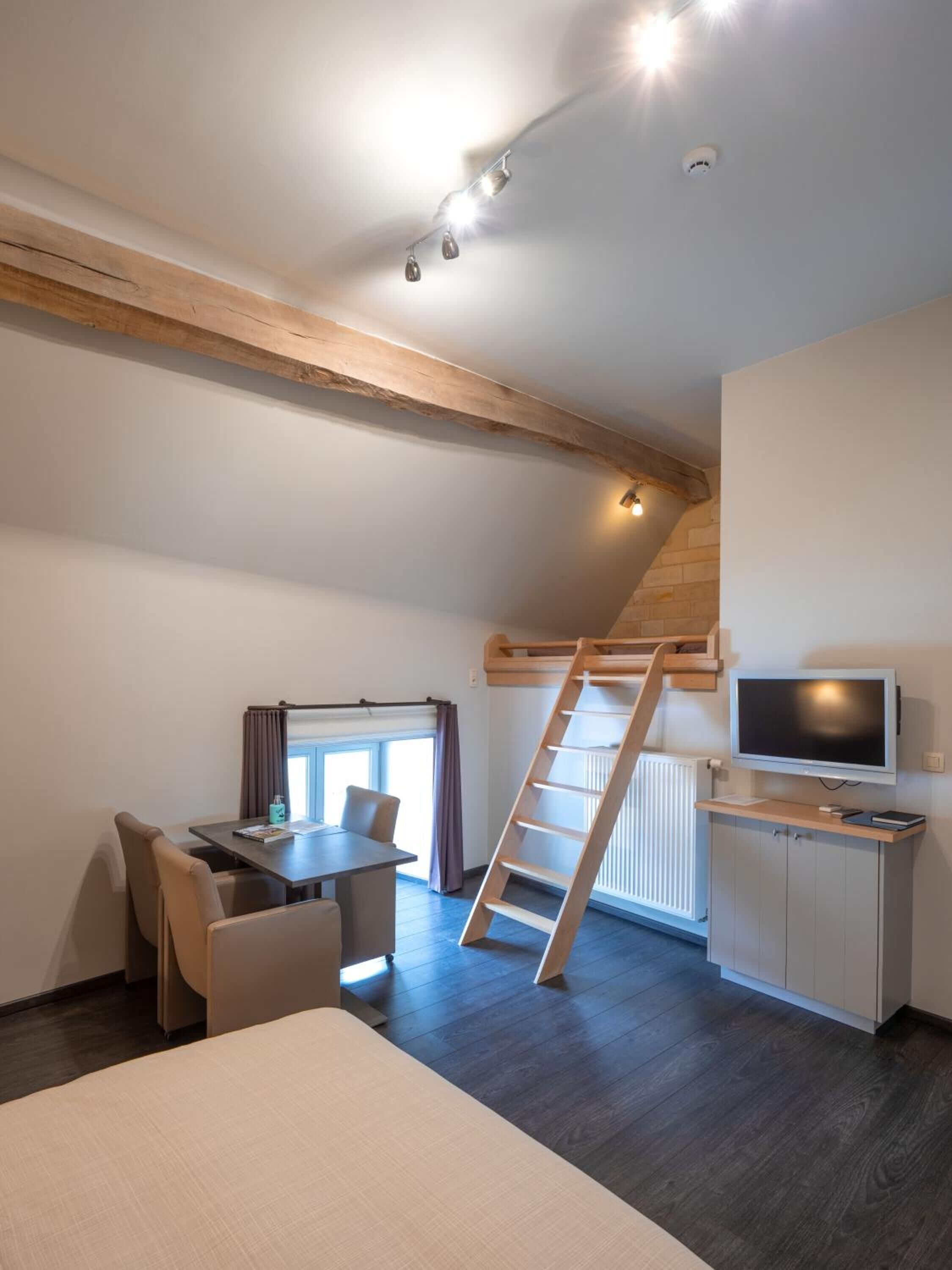 A compact room with a loft bed, a desk with a TV, a dining area, and a window with curtains.