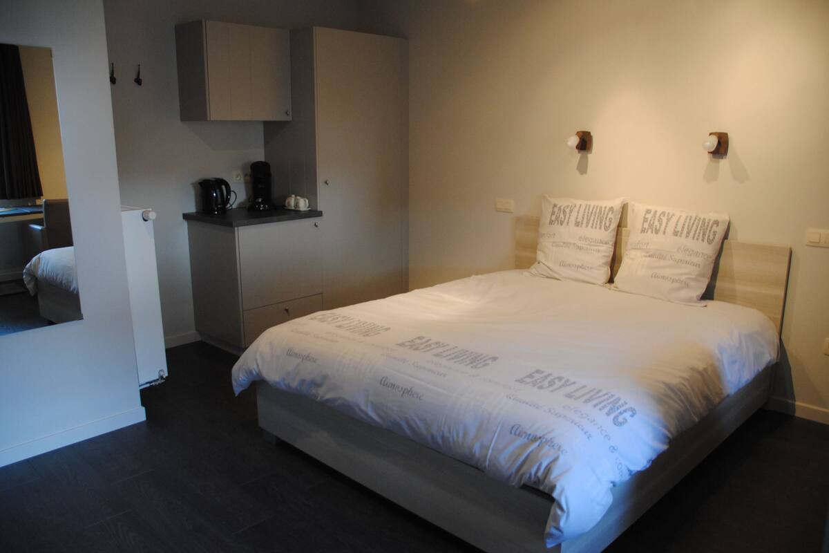 Un dormitorio con cama, kitchenette pequeña y armario.