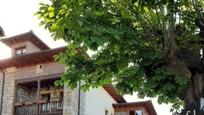 A traditional stone building with a wooden balcony, a stone entrance, and a sign reading "EL REXACU". - El Rexacu (Onis)
