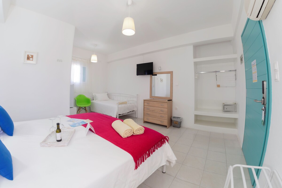 A hotel room with a bed, a dresser, a mirror, a chair, a TV, and a bathroom with a shower and toilet.
