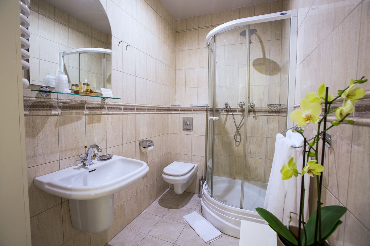 A modern bathroom with a glass-enclosed shower, a pedestal sink, and a toilet.