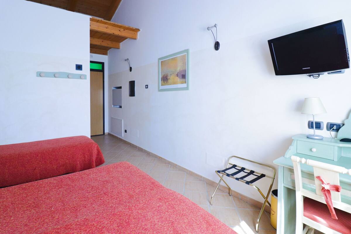 A room with two beds, a TV, a desk, and a chair.