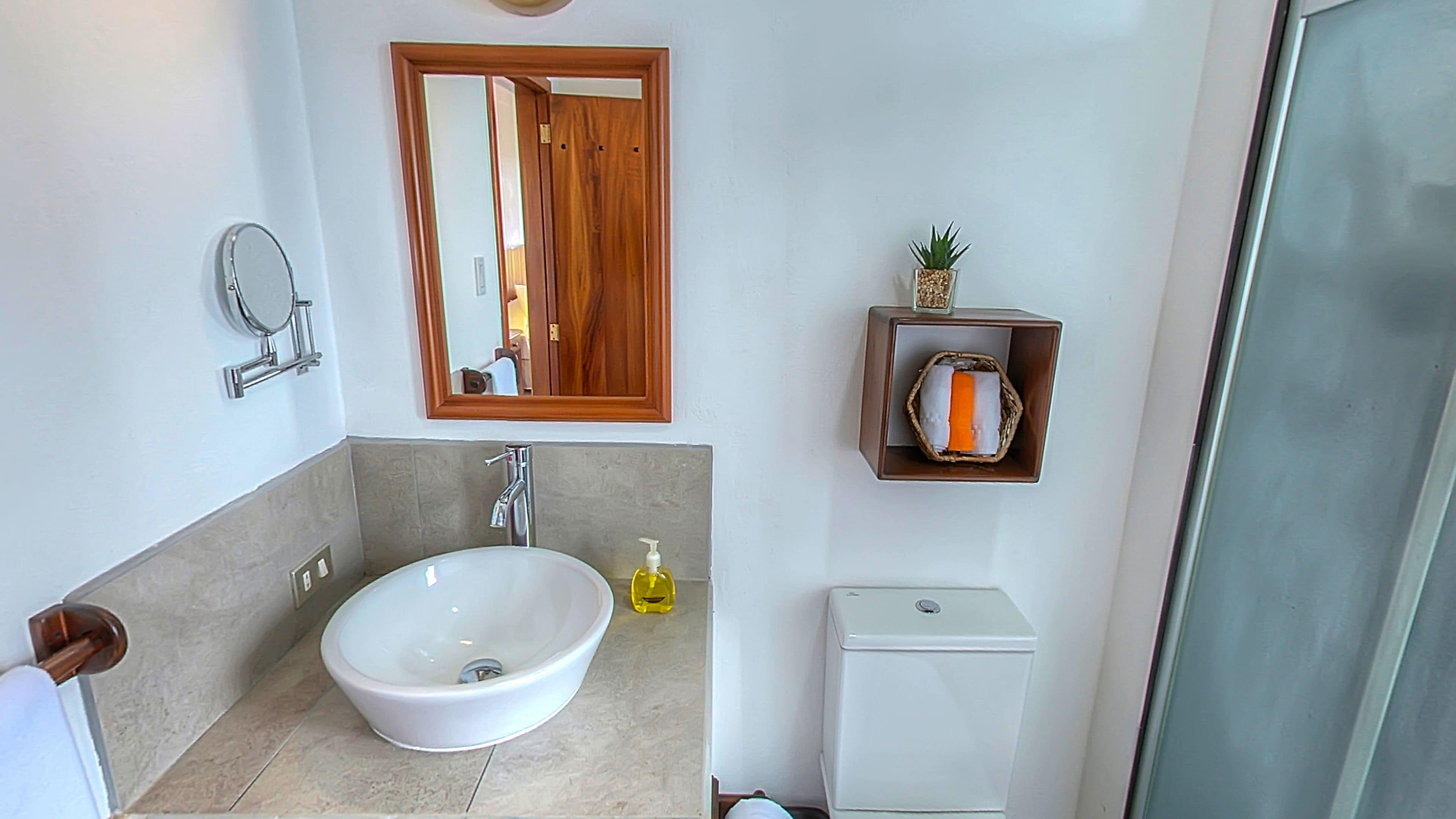 shower, rainfall showerhead, hair dryer, towels