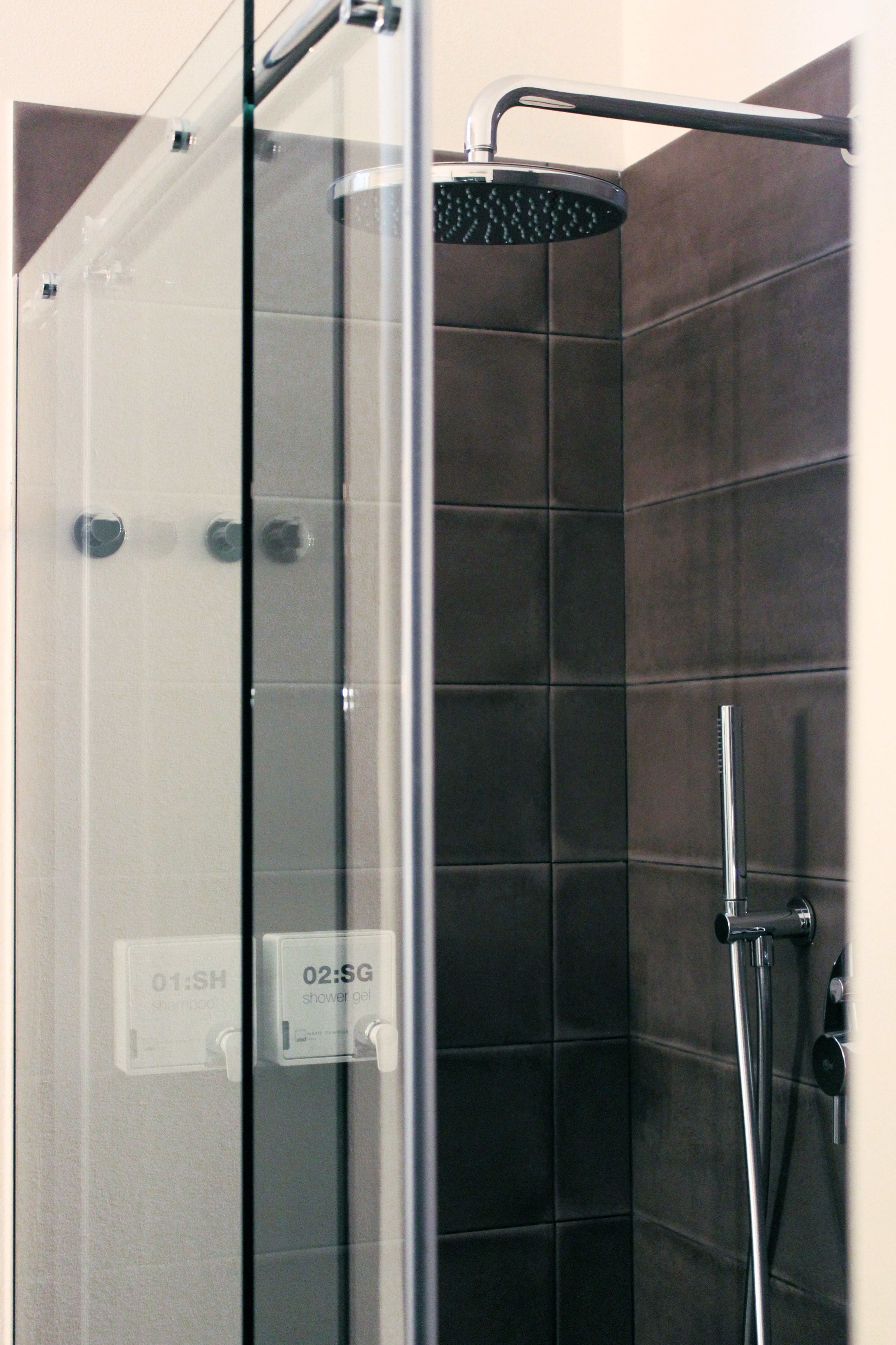 A modern shower area with a glass enclosure, a handheld showerhead, and a wall-mounted faucet.