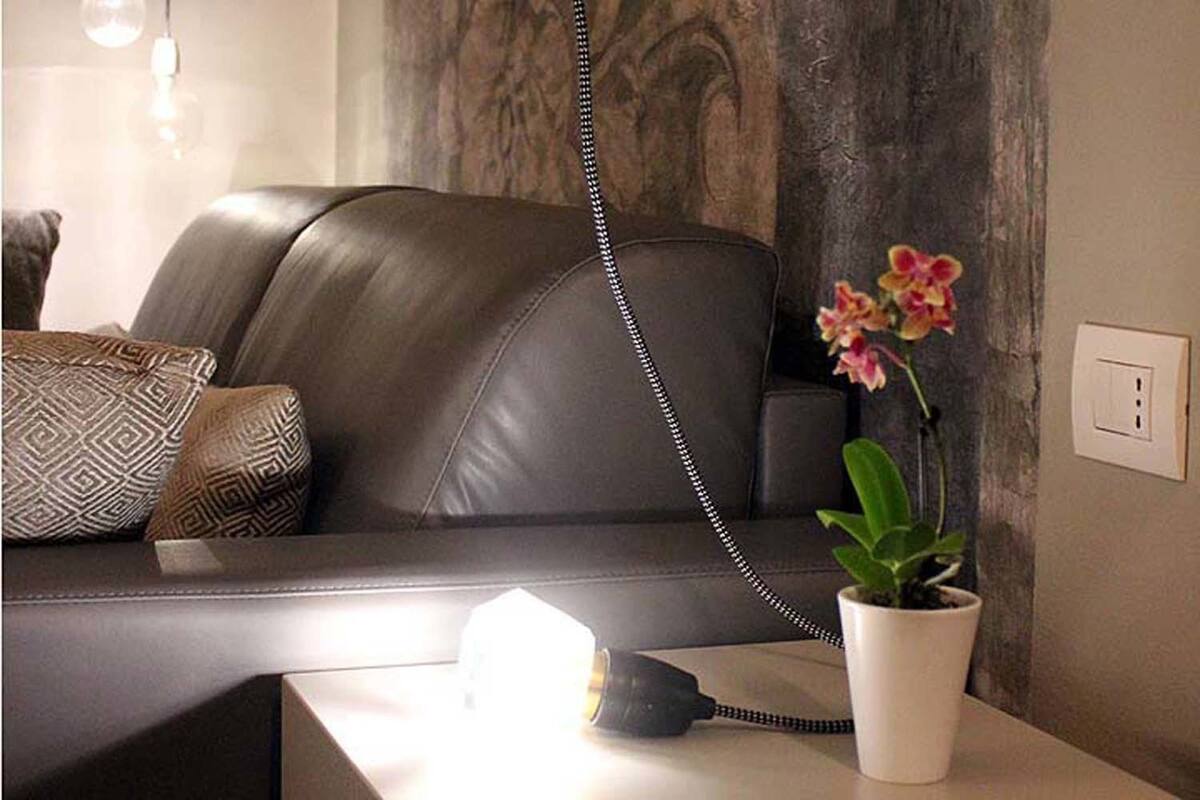 A living room with a leather sofa, patterned cushions, a potted orchid, and a lamp on a table.