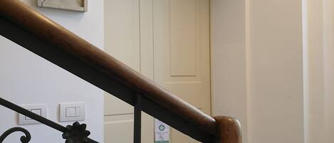 A staircase with a wooden handrail and black metal balusters. There is a white door at the top of the stairs.