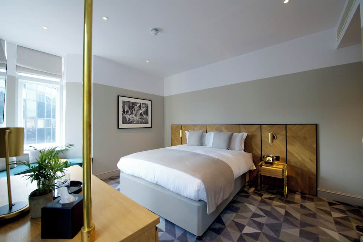 A modern bedroom with a large bed, a bedside table, a nightstand, a potted plant, and a framed picture on the wall.