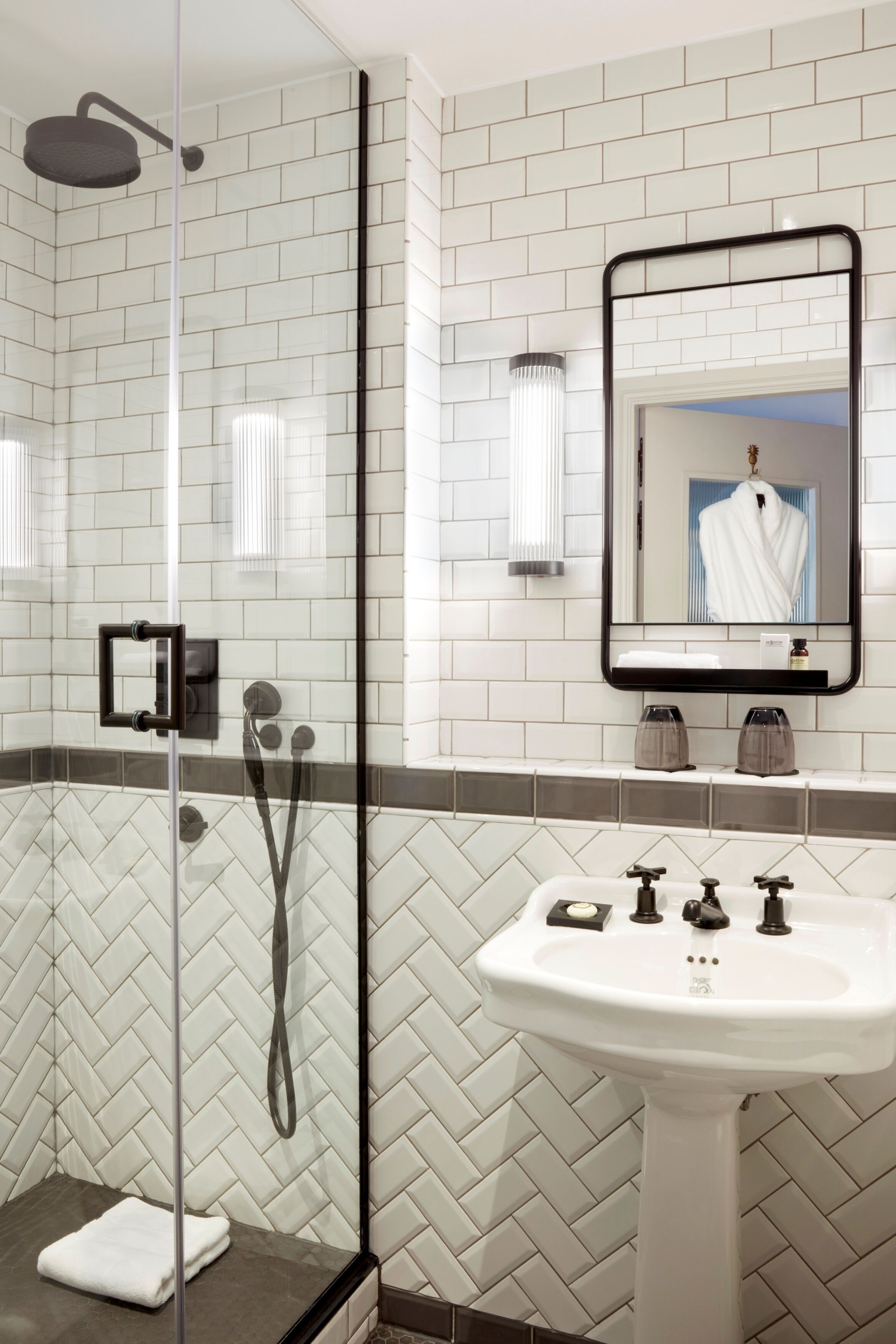 shower, rainfall showerhead, hair dryer, towels