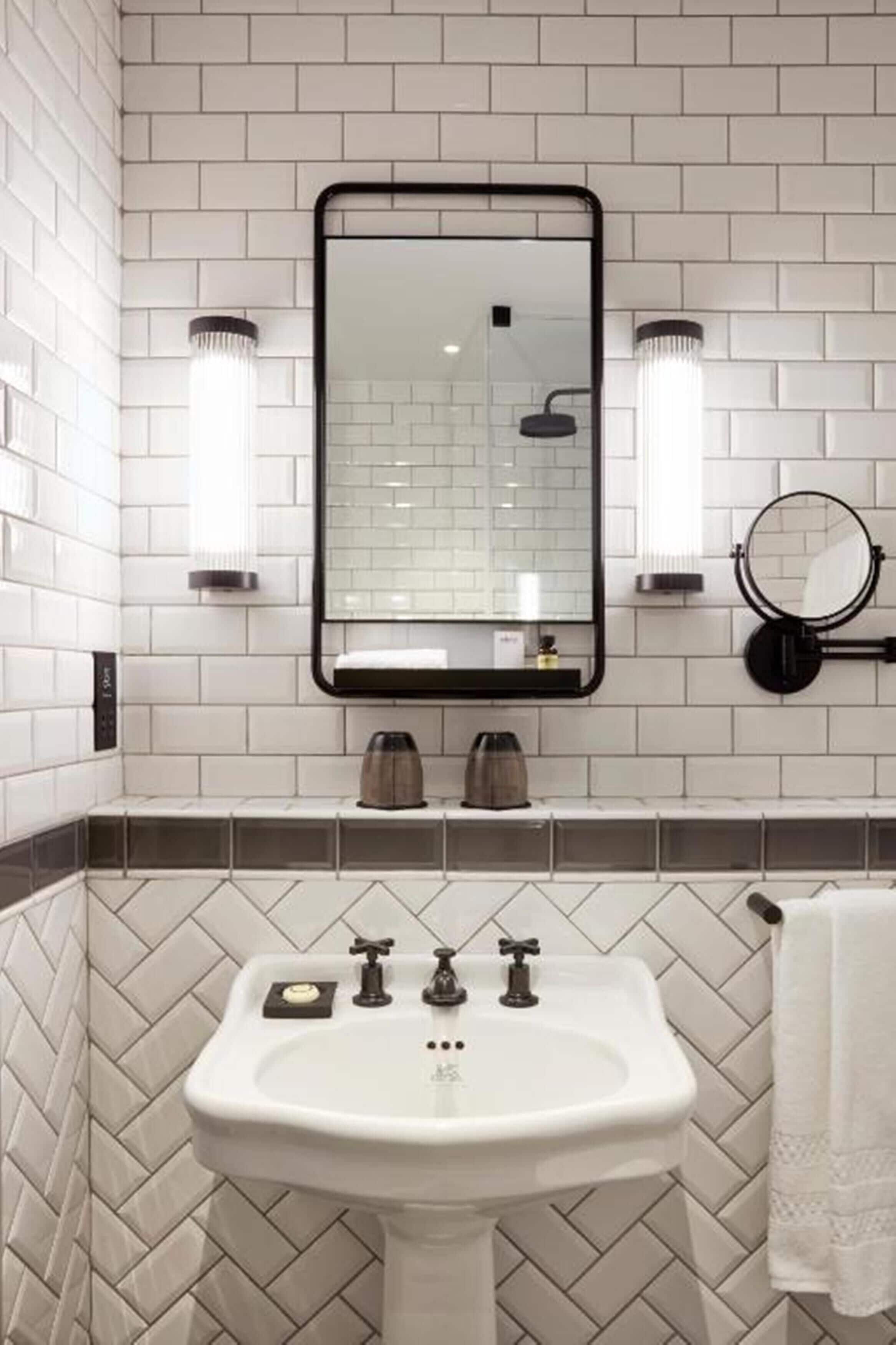 shower, rainfall showerhead, hair dryer, towels