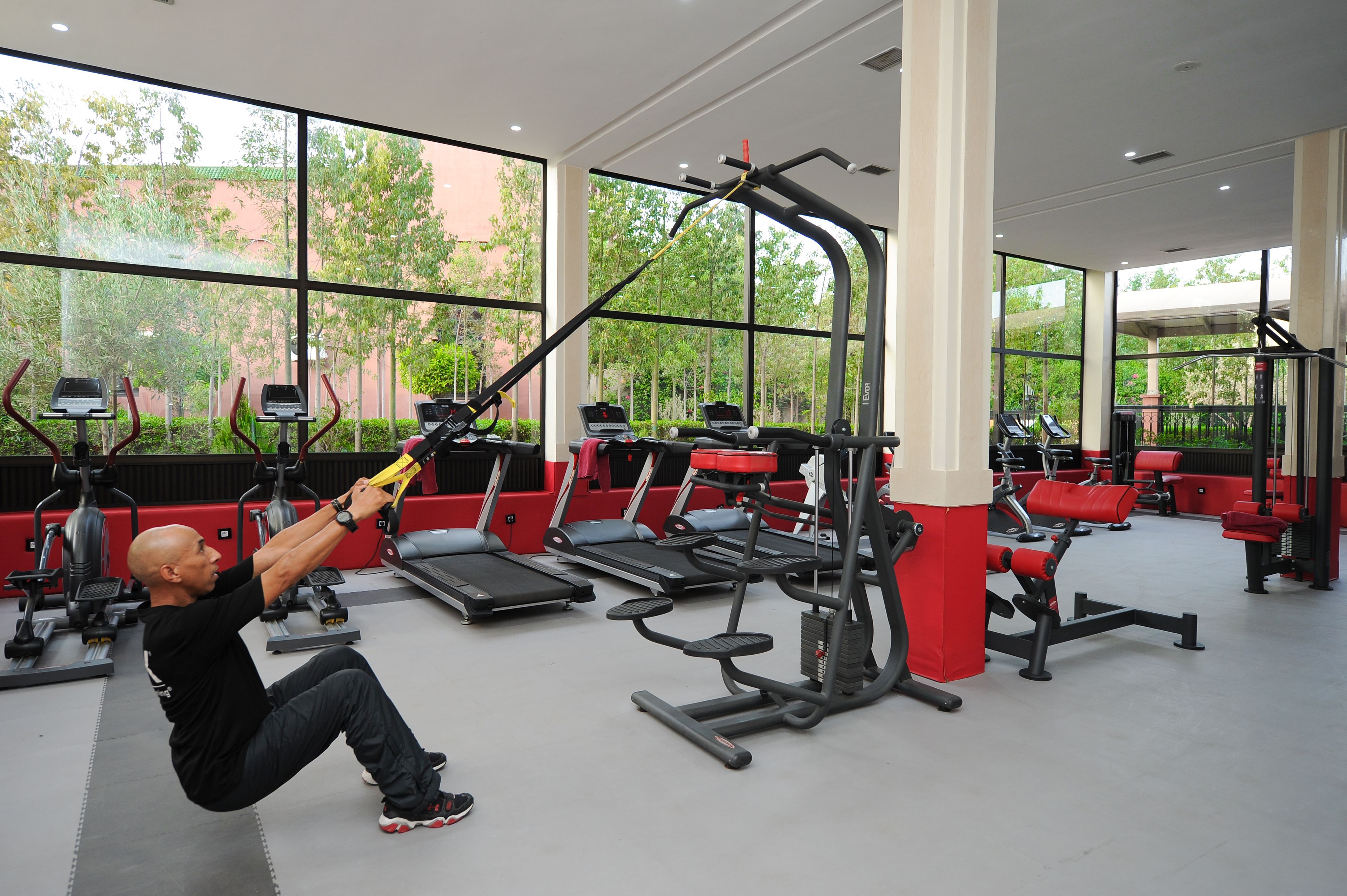 A gym with treadmills, weight machines, and a large window offering a view of trees and buildings.