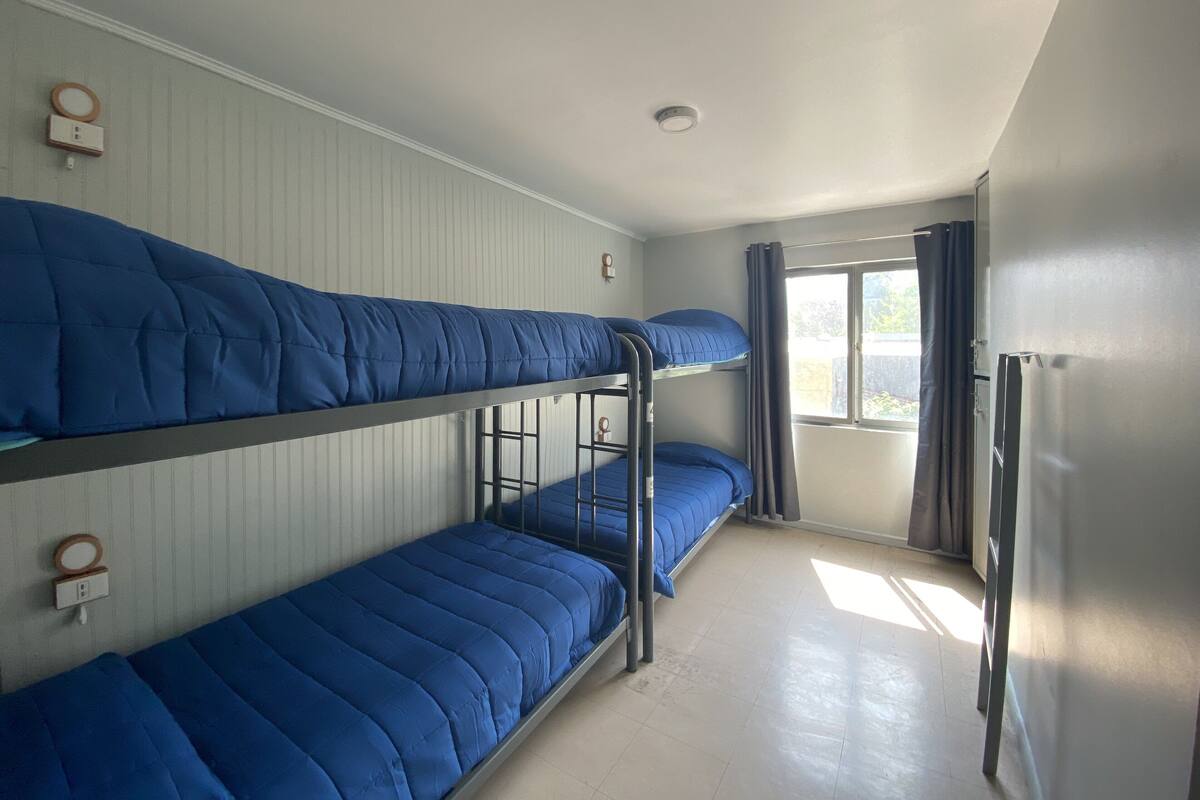 Un dormitorio con literas, una ventana con cortinas, una puerta y una lámpara fijada a la pared.