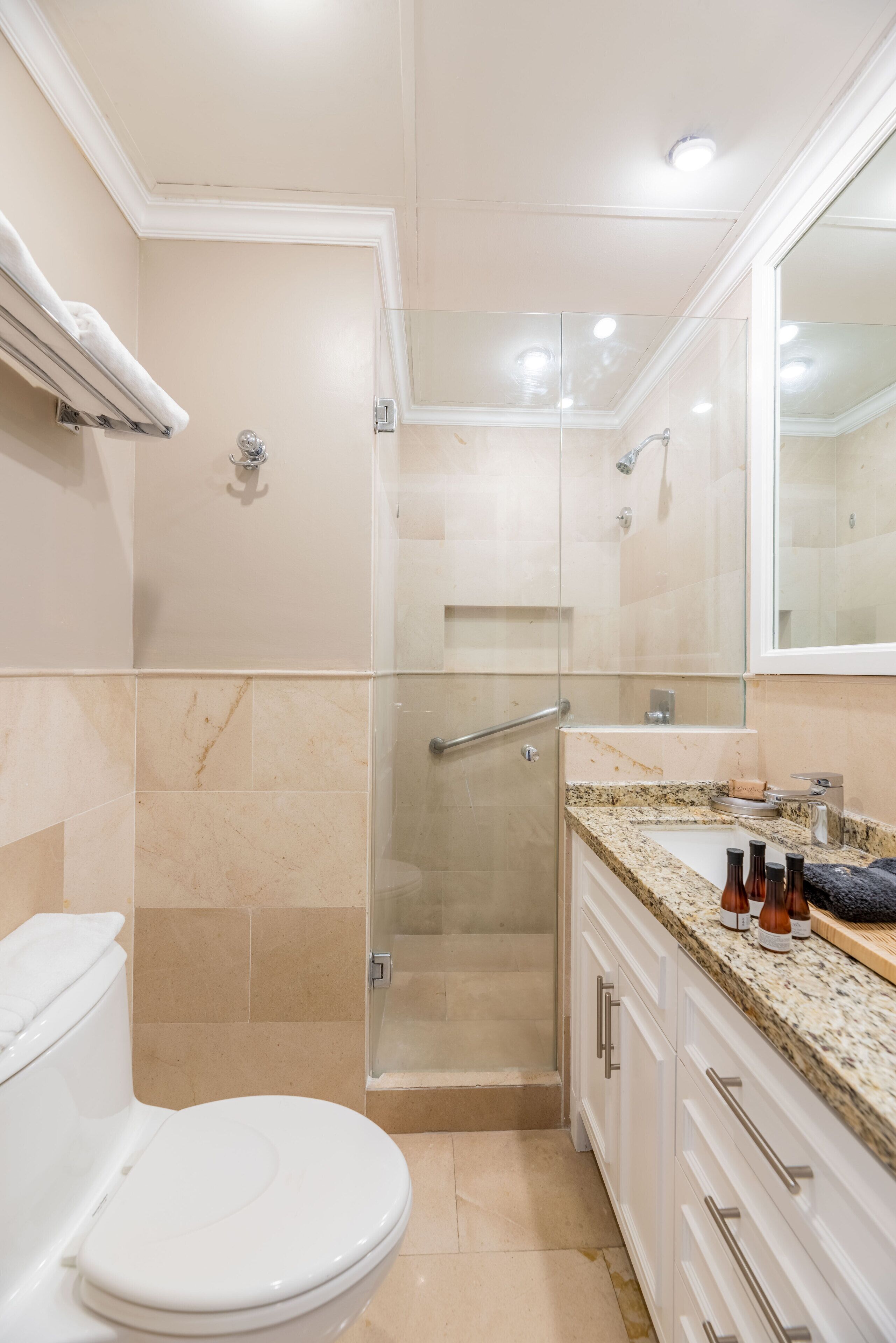 A modern bathroom with a glass-enclosed shower, a white toilet, and a granite countertop.