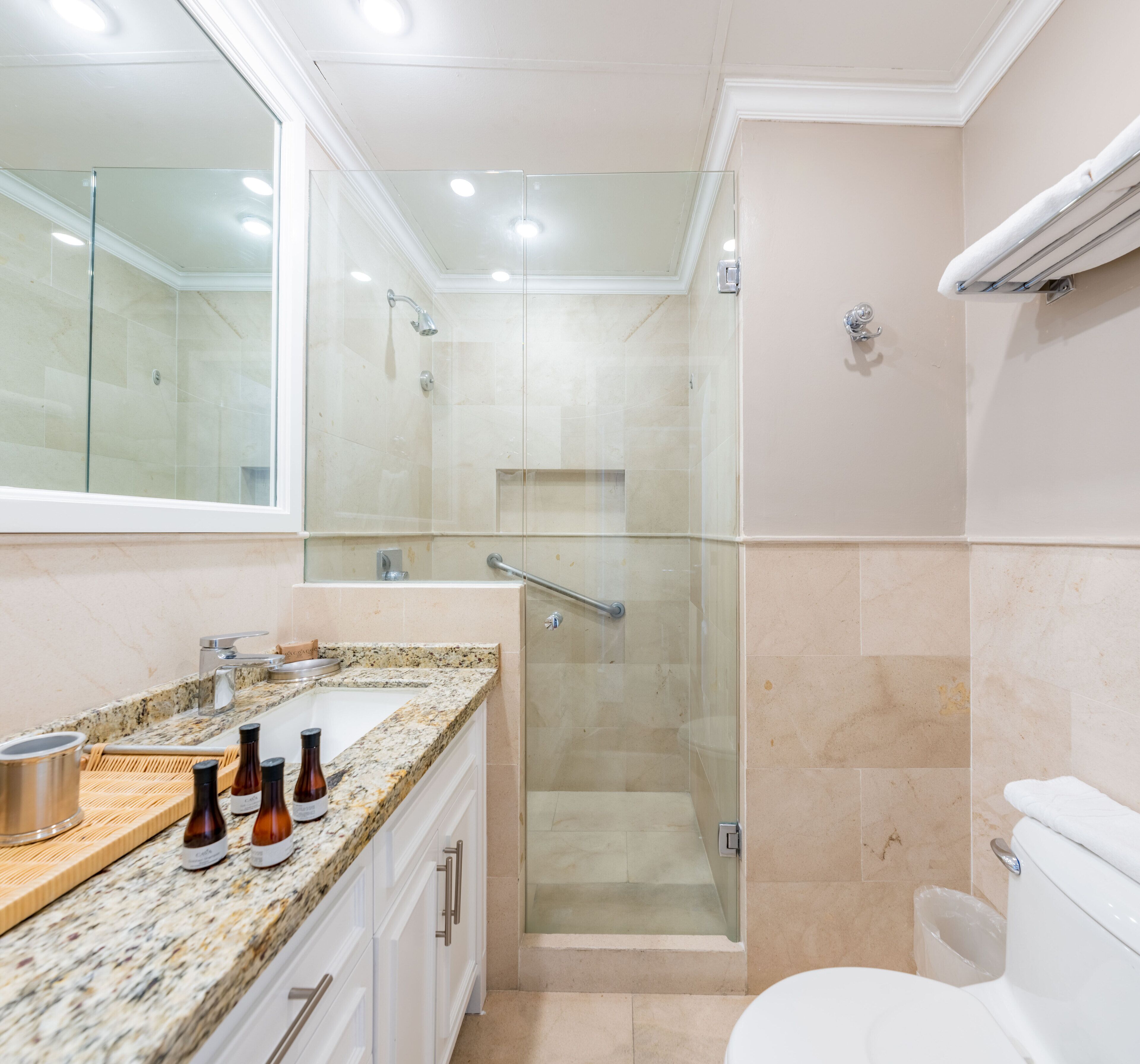 A modern bathroom with a glass-enclosed shower, a white toilet, and a granite countertop with toiletries.
