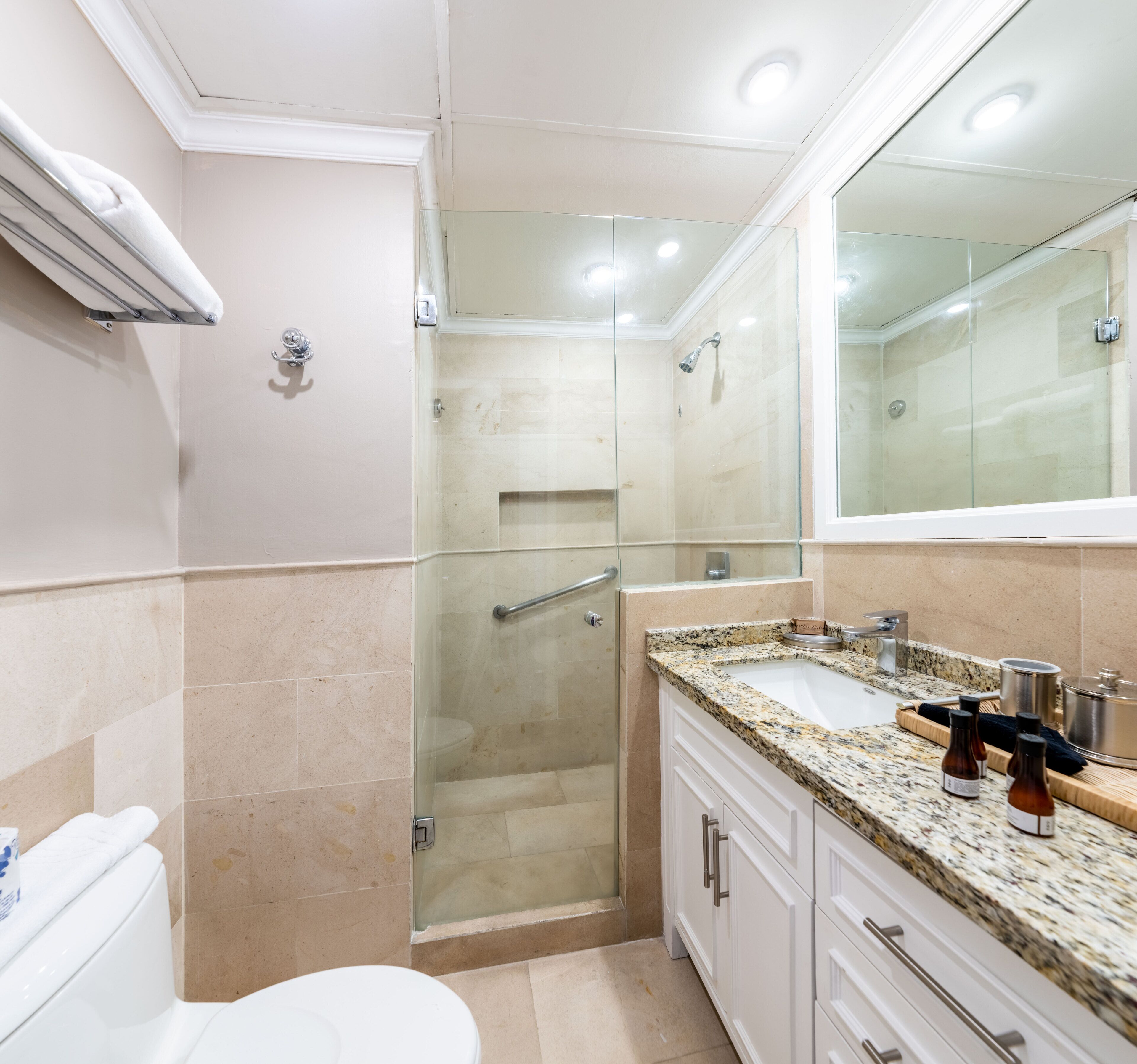 A modern bathroom with a glass-enclosed shower, a white toilet, and a granite countertop with a sink and vanity.