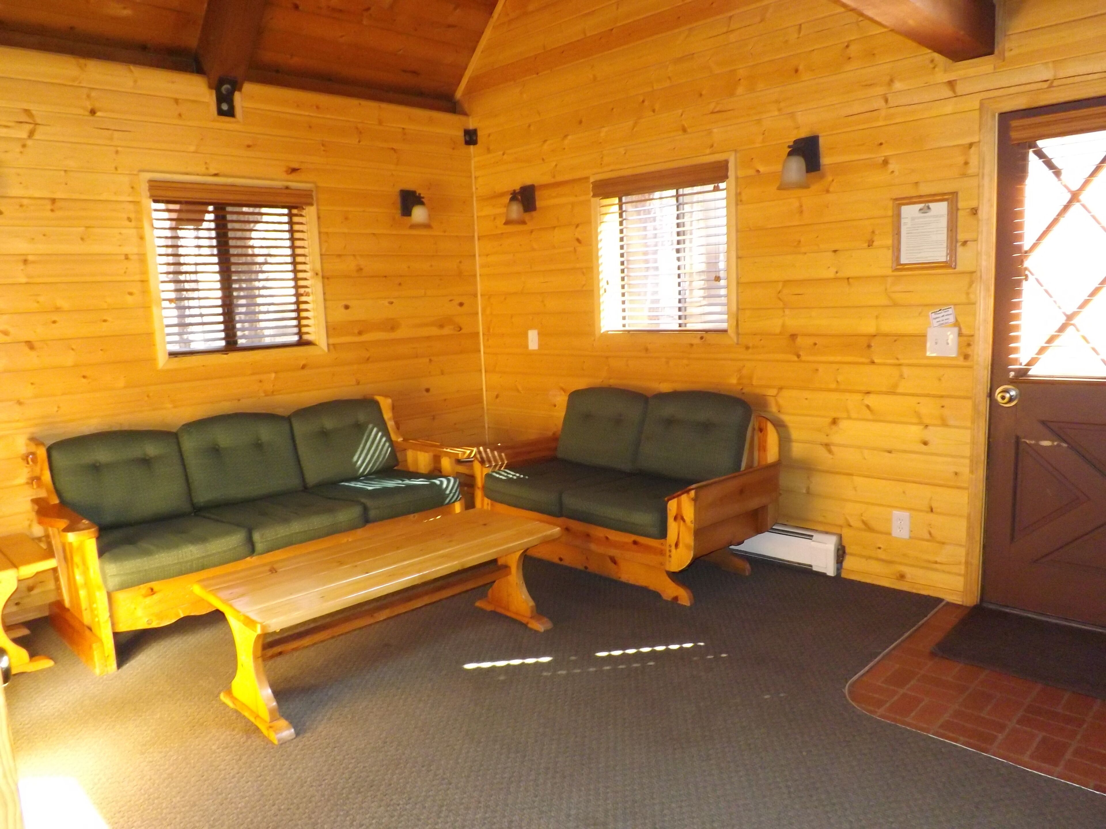 A cozy cabin interior with two green upholstered sofas, a wooden coffee table, and a door with a window.