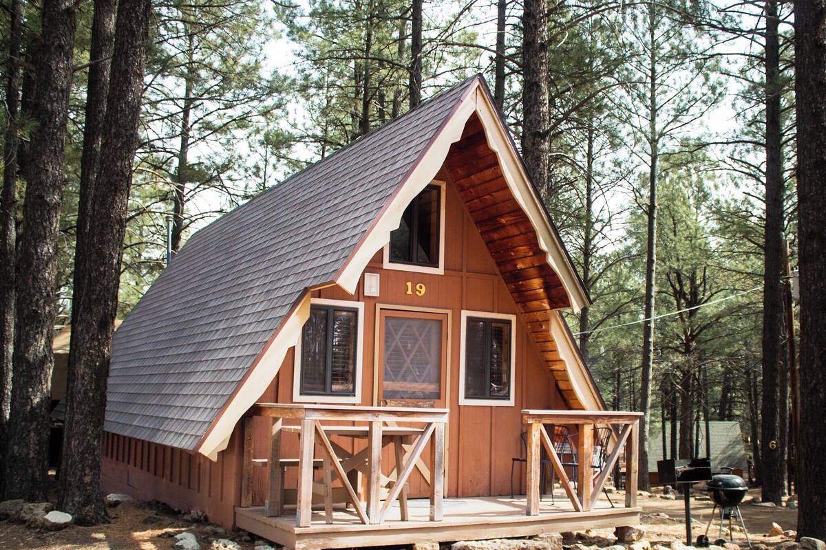 A cabin with a gabled roof, numbered 19, surrounded by trees.