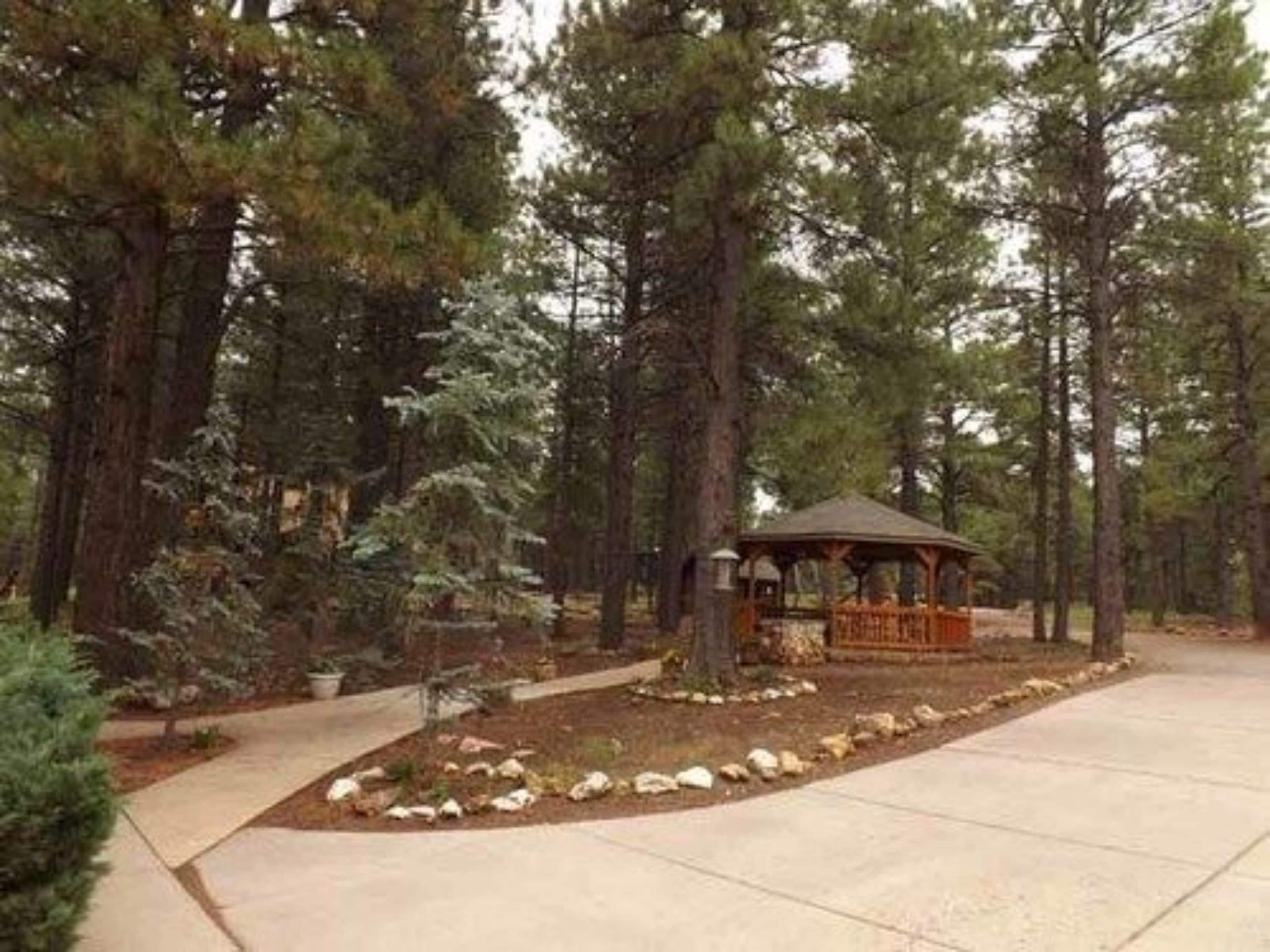 A gazebo in a forested area with a paved walkway.