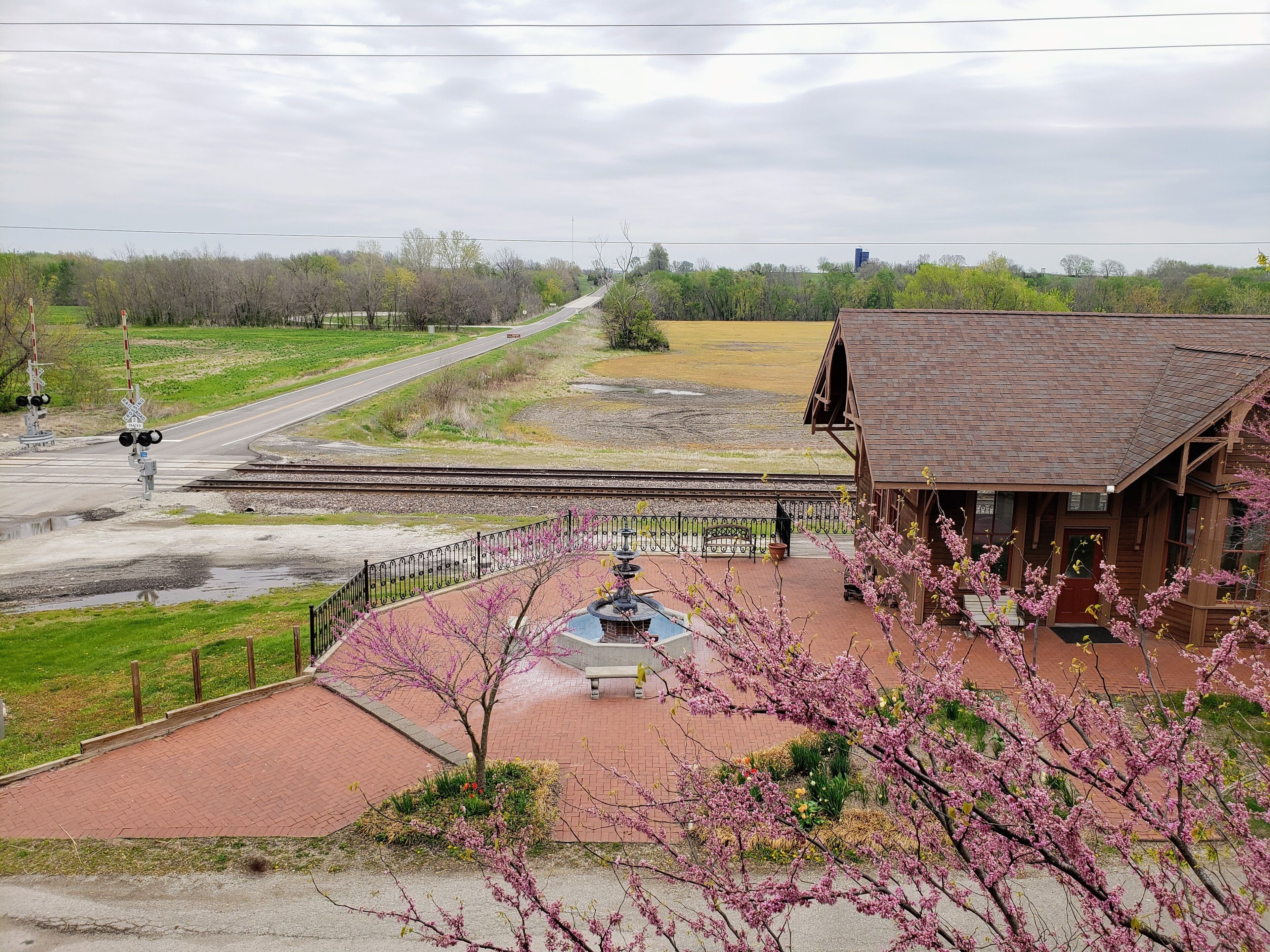 A wooden building with a brick pathway and a small garden with pink flowering trees.