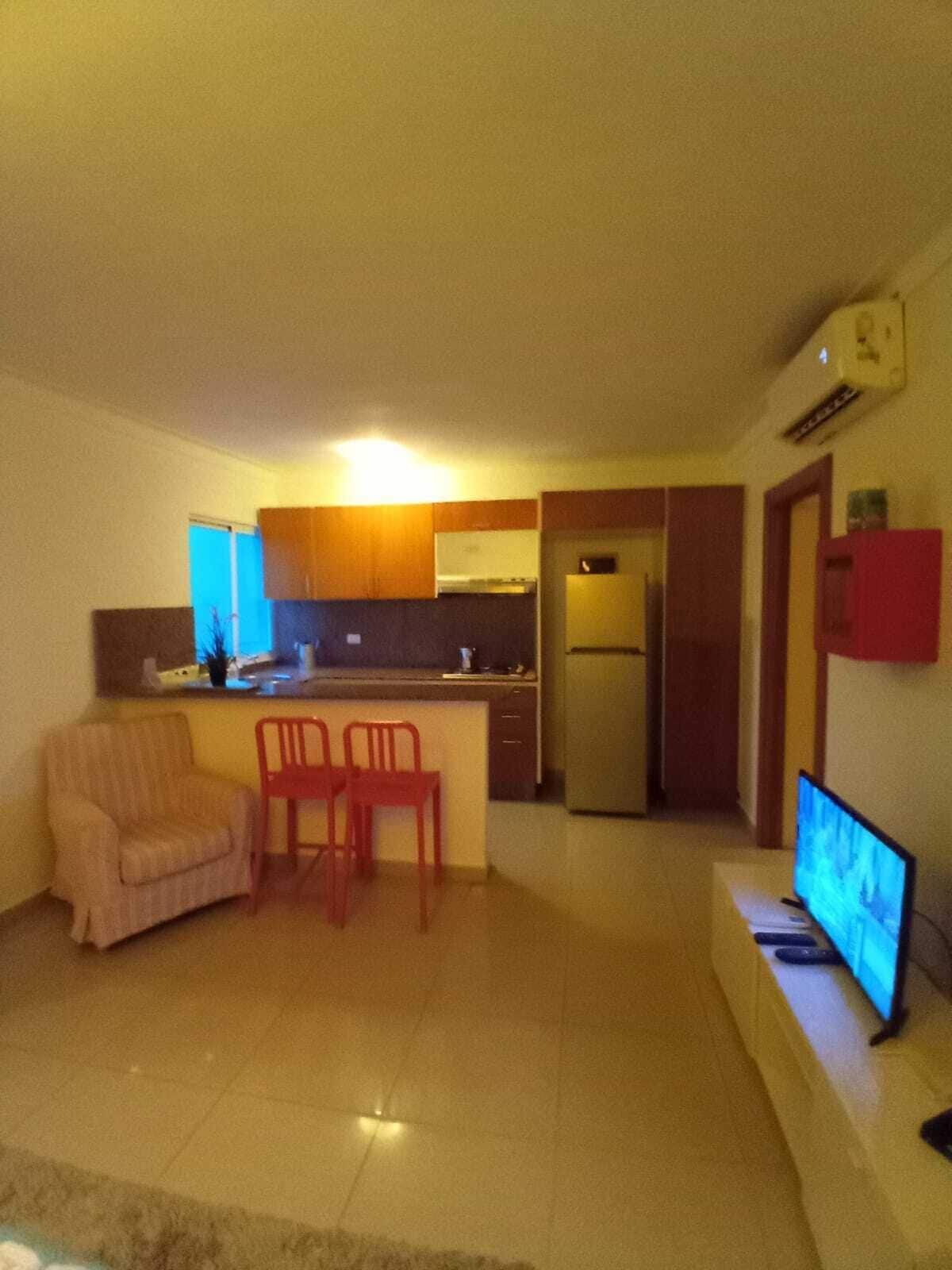 Um espaço compacto com cozinha compacta, sofá, duas cadeiras e uma televisão.